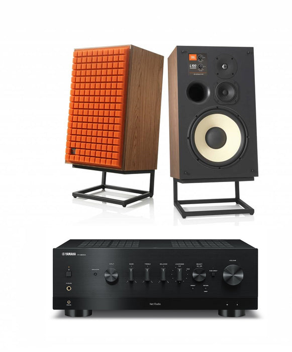 JBL L100 Classic 12" 3-Way Bookshelf Speaker Pair with Yamaha R-N800A Stereo Receiver Bundle - Safe and Sound HQ
