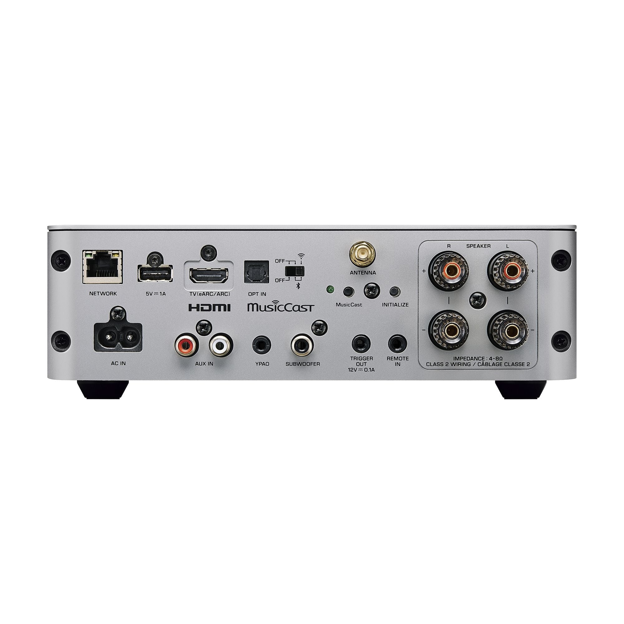 Yamaha WXA-70A Compact Streaming Amplifier rear view showcasing connectivity options and MusicCast features.