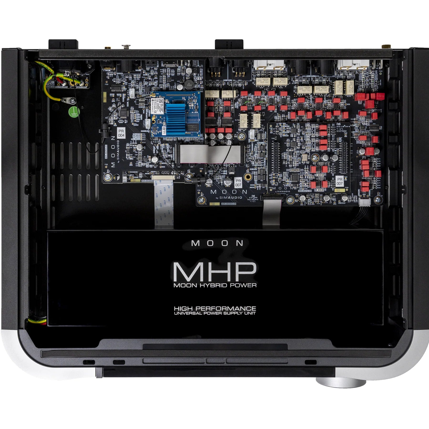 Simaudio Moon 491 Compass Collection Network Player and Preamplifier internal view showcasing hybrid power design.