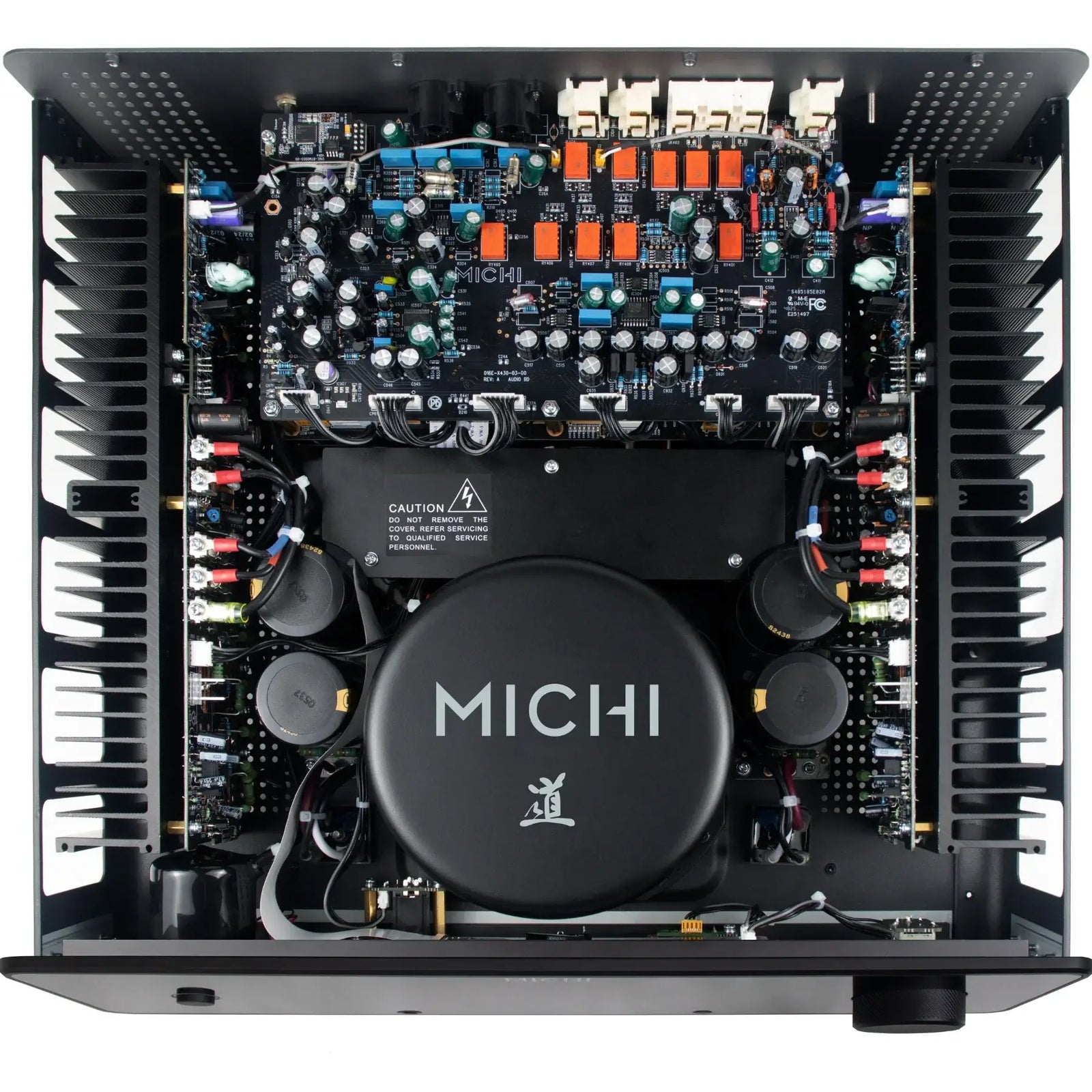 Inside view of the Rotel Michi Prestige X430 Integrated Amplifier showcasing its advanced circuitry and premium components.