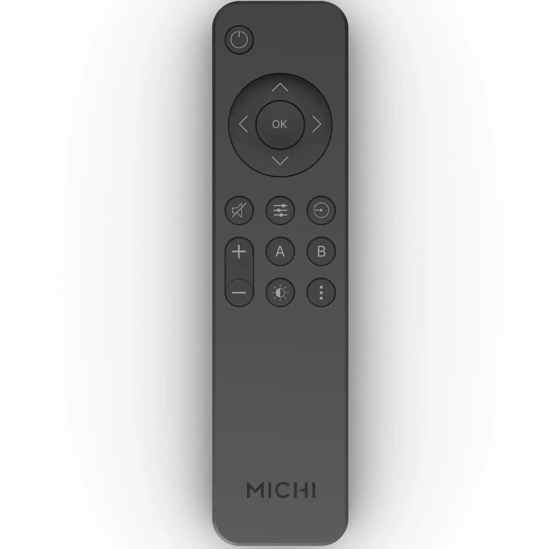 Rotel Michi Prestige X430 Integrated Amplifier remote control with sleek design and functional buttons.