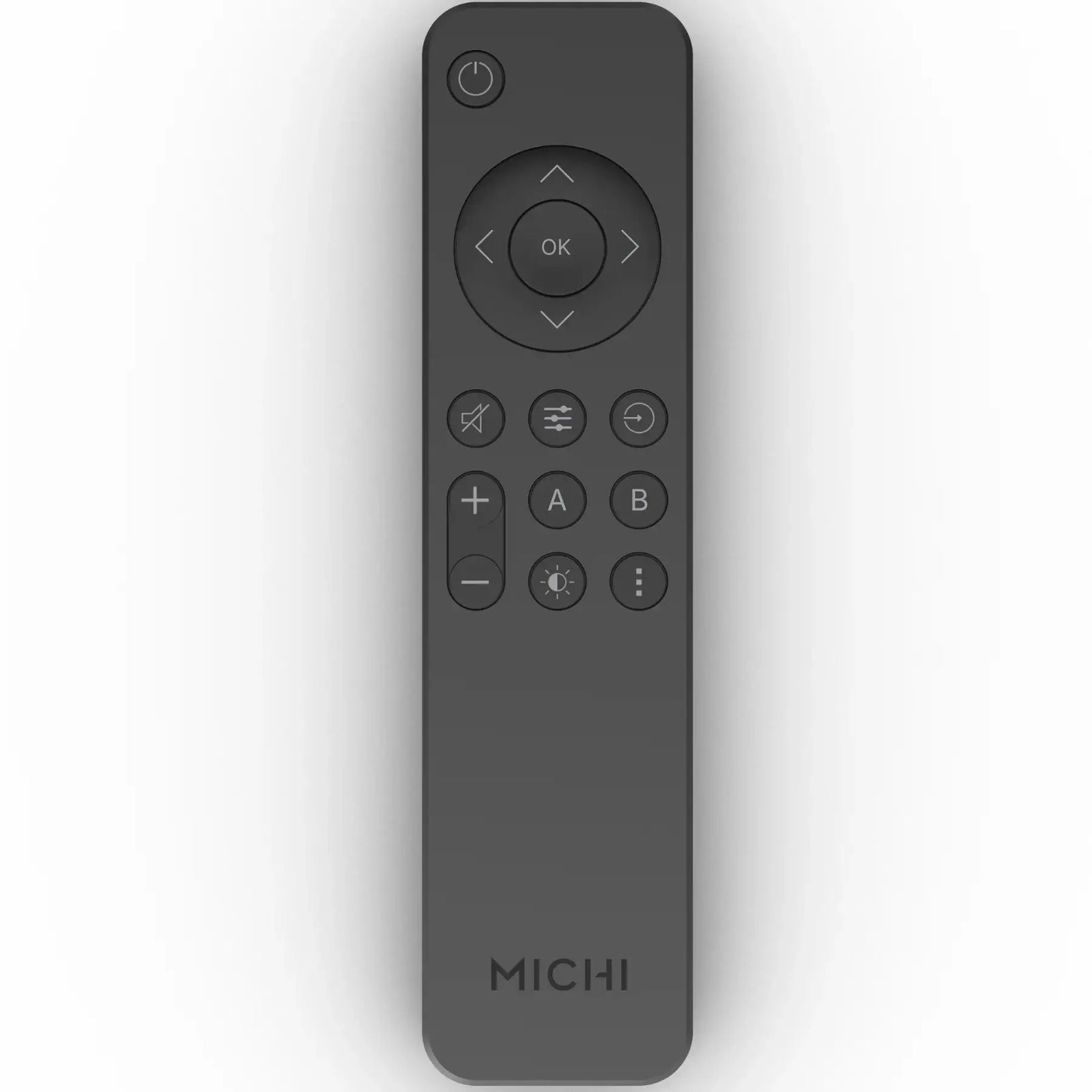 Rotel Michi Prestige X430 Integrated Amplifier remote control with sleek design and functional buttons.