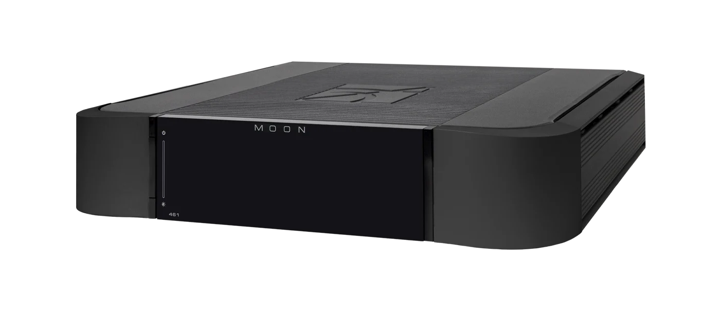 Simaudio Moon 461 Compass Collection Stereo Power Amplifier in black, showcasing high-quality audio performance and design.