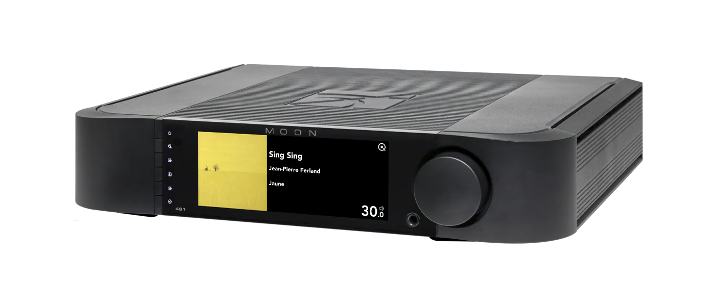 Simaudio Moon 491 Compass Collection Network Player and Preamplifier in black with display and control dial.