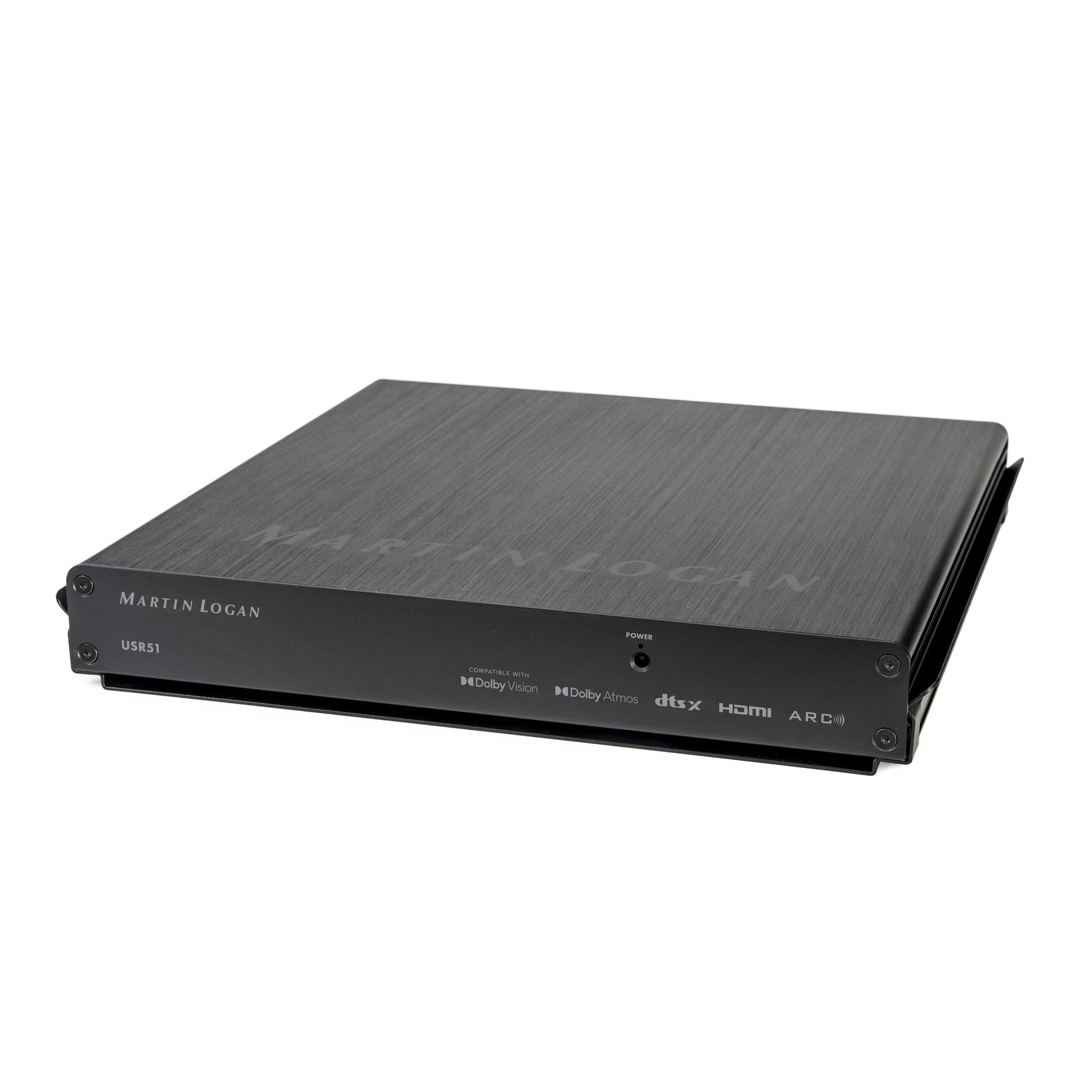 MartinLogan USR51 Ultra-Slim 5.1 Channel Network A/V Receiver side view showing sleek design and connectivity options.
