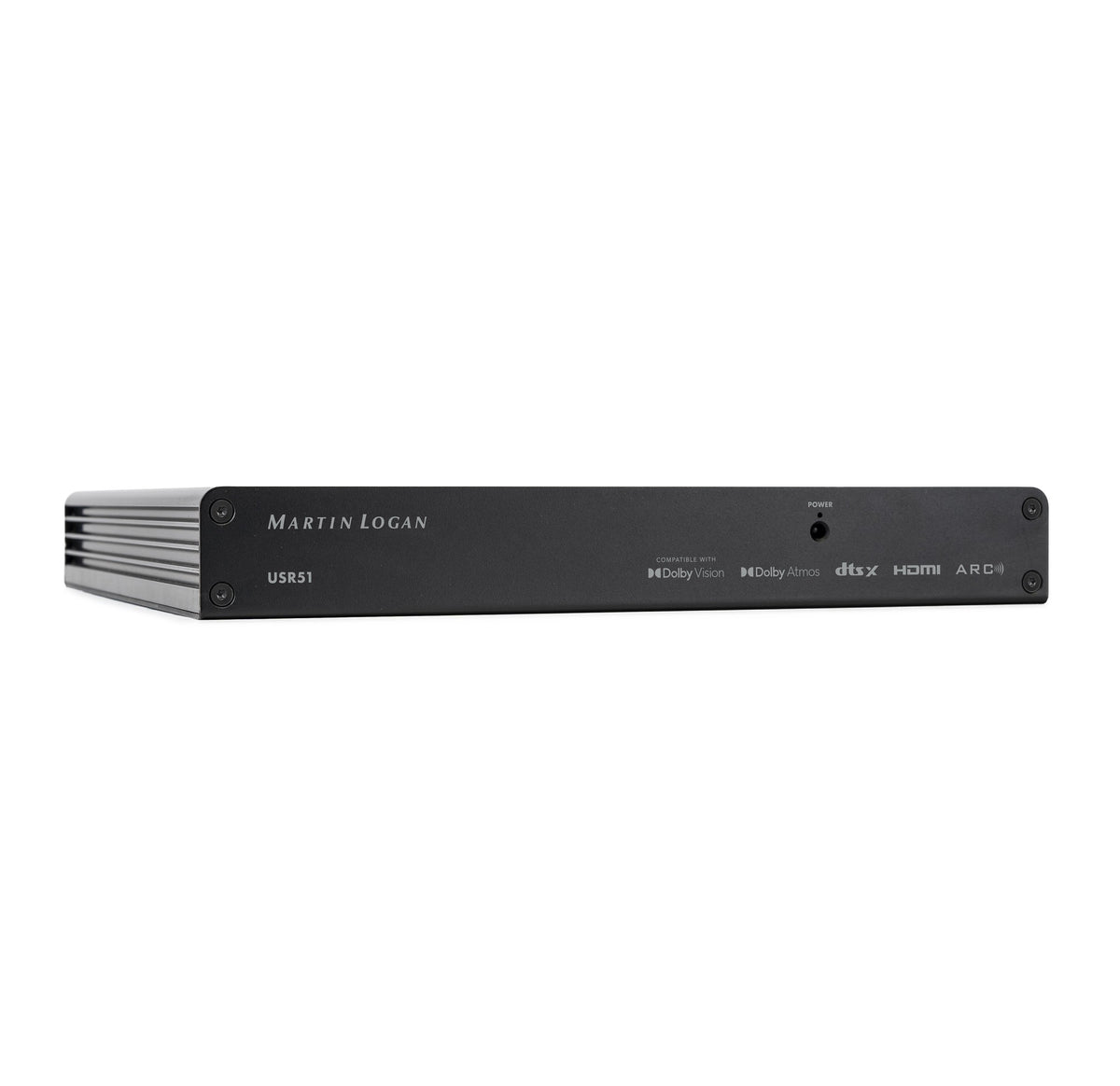MartinLogan USR51 Ultra-Slim 5.1 Channel Network A/V Receiver rear view showcasing its sleek design and connectivity options.