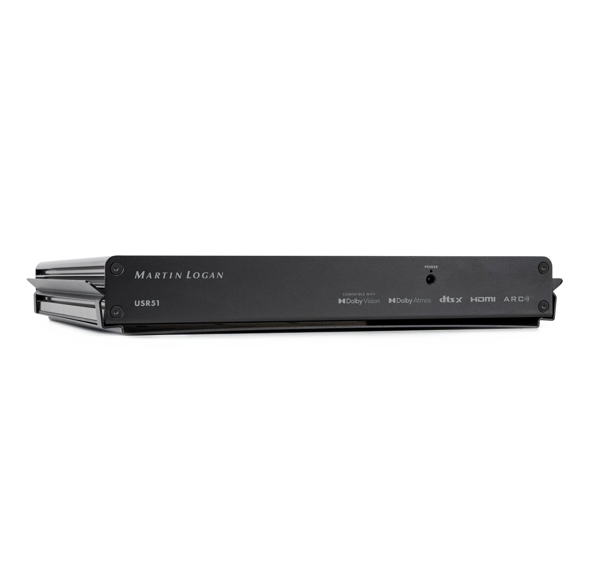 MartinLogan USR51 Ultra-Slim 5.1 Channel Network A/V Receiver front view showcasing sleek design and connectivity features.