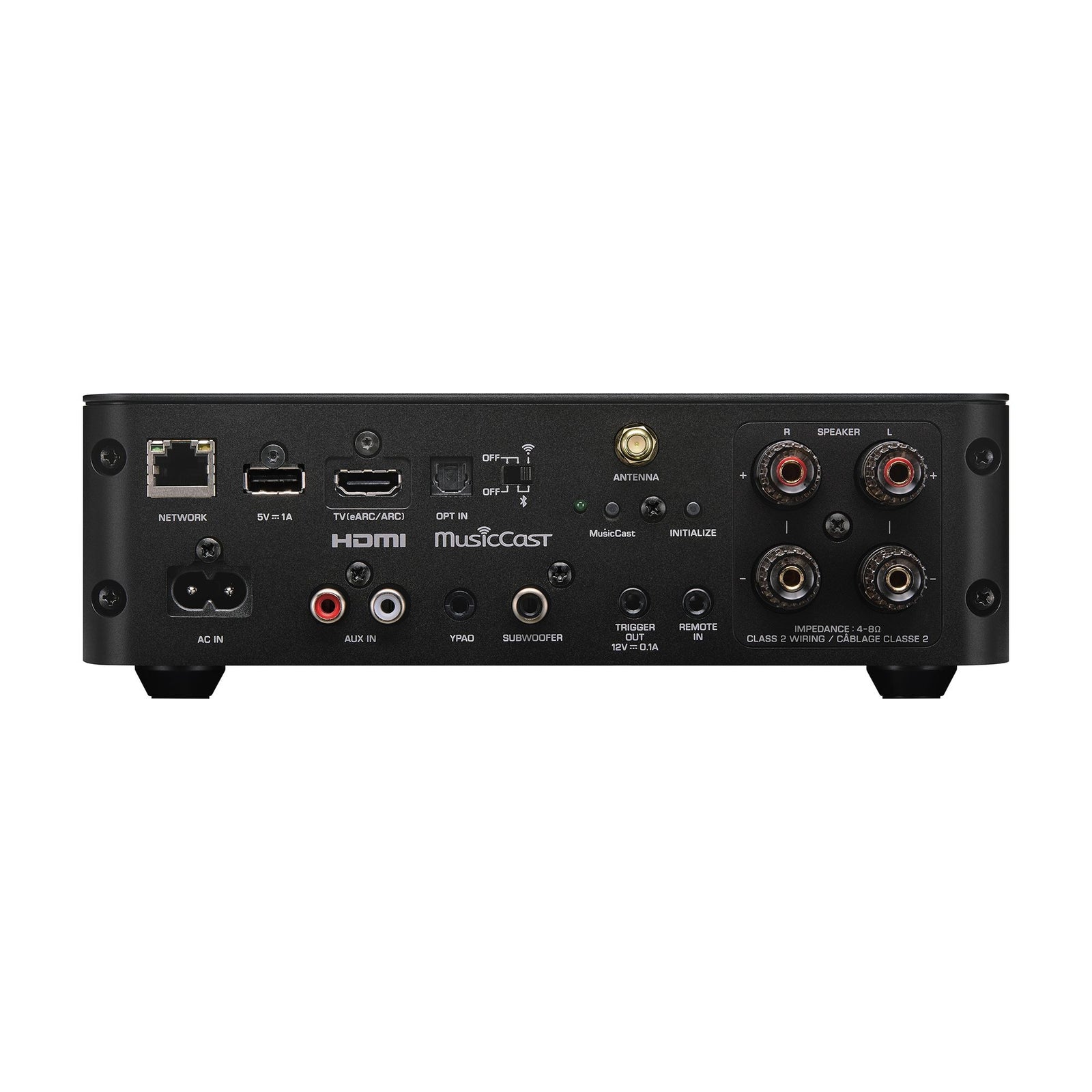 Yamaha WXA-70A Compact Streaming Amplifier rear panel showing inputs and outputs.
