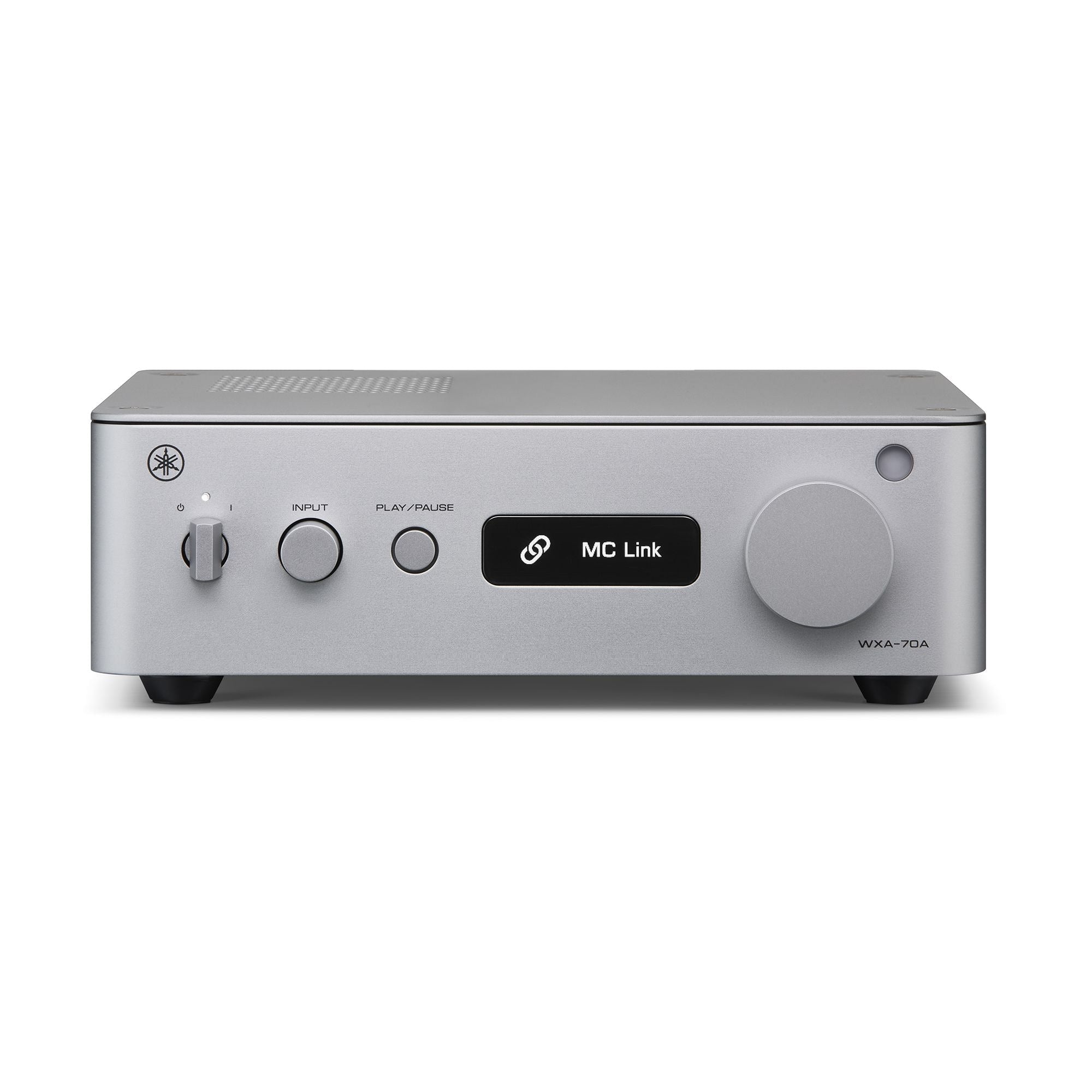 Yamaha WXA-70A Compact Streaming Amplifier in silver, front view showcasing controls and display for music streaming.