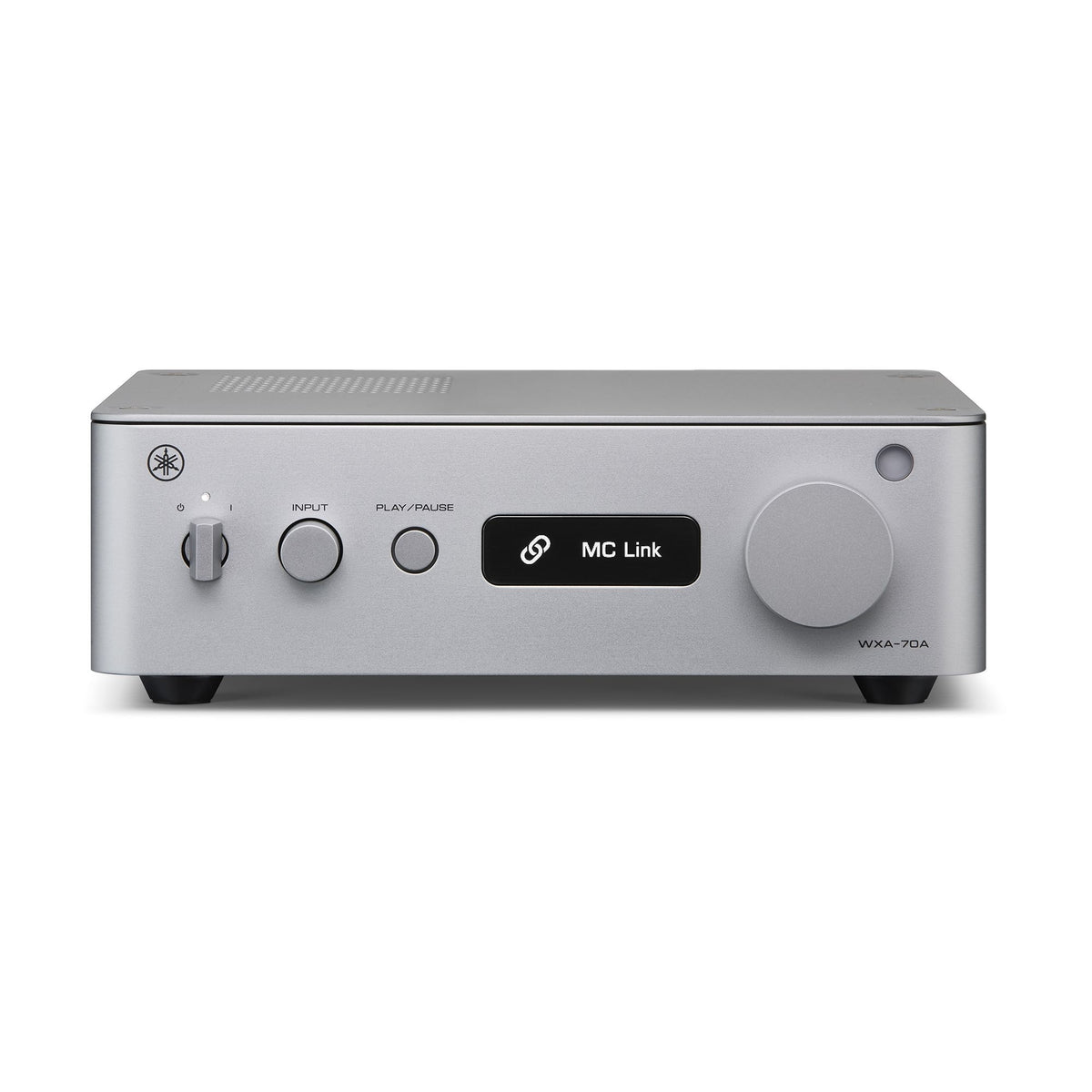 Yamaha WXA-70A Compact Streaming Amplifier in silver, front view showcasing controls and display for music streaming.