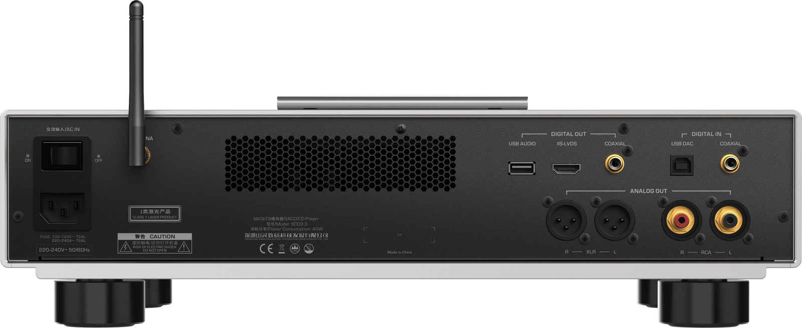 Back view of the Shanling SCD3.3 SACD Player with R2R DAC and Tube Output showcasing connections and ports.