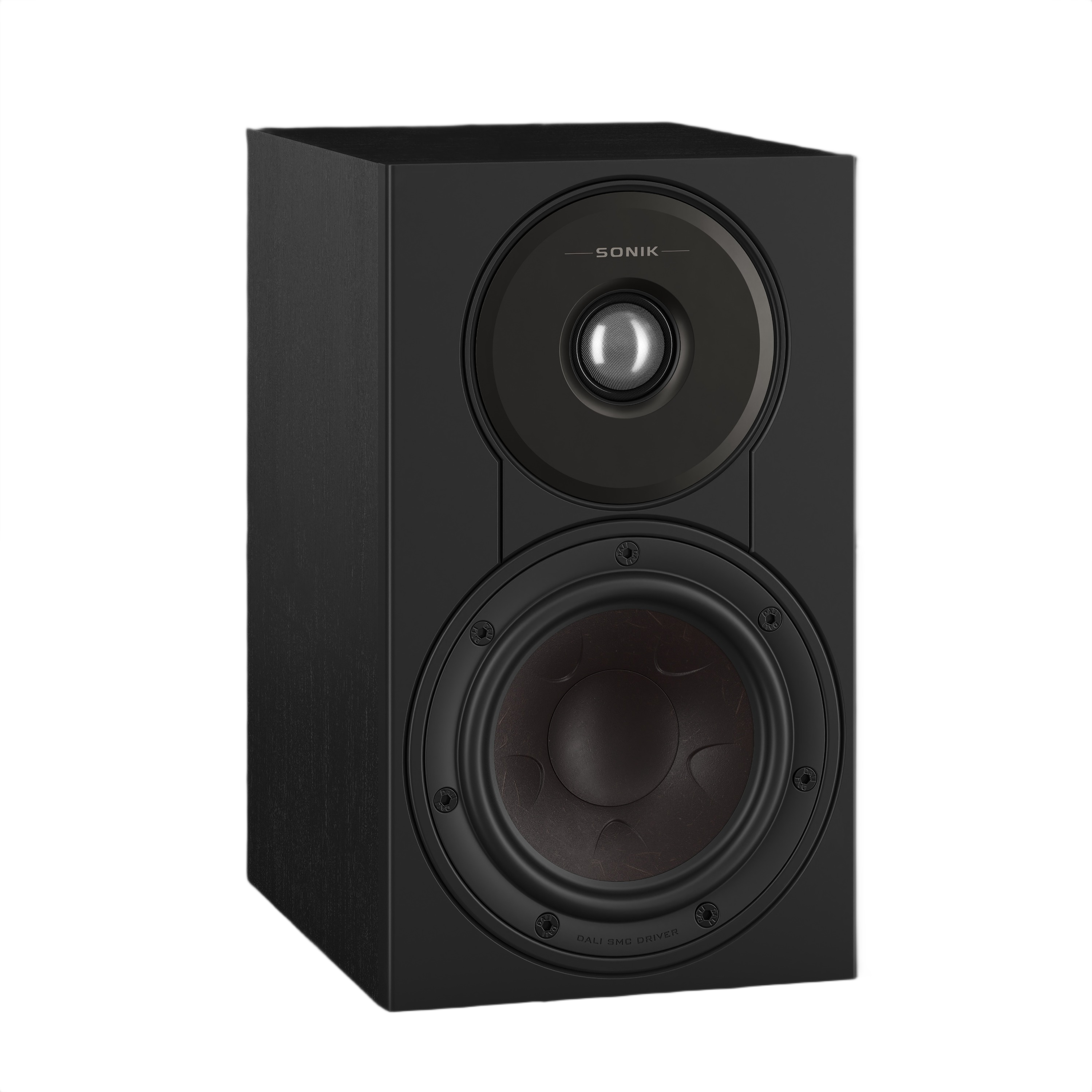 Dali Sonik 1 Ultra-Compact Bookshelf Speaker (Pair) in a sleek black finish, showcasing advanced audio technology.