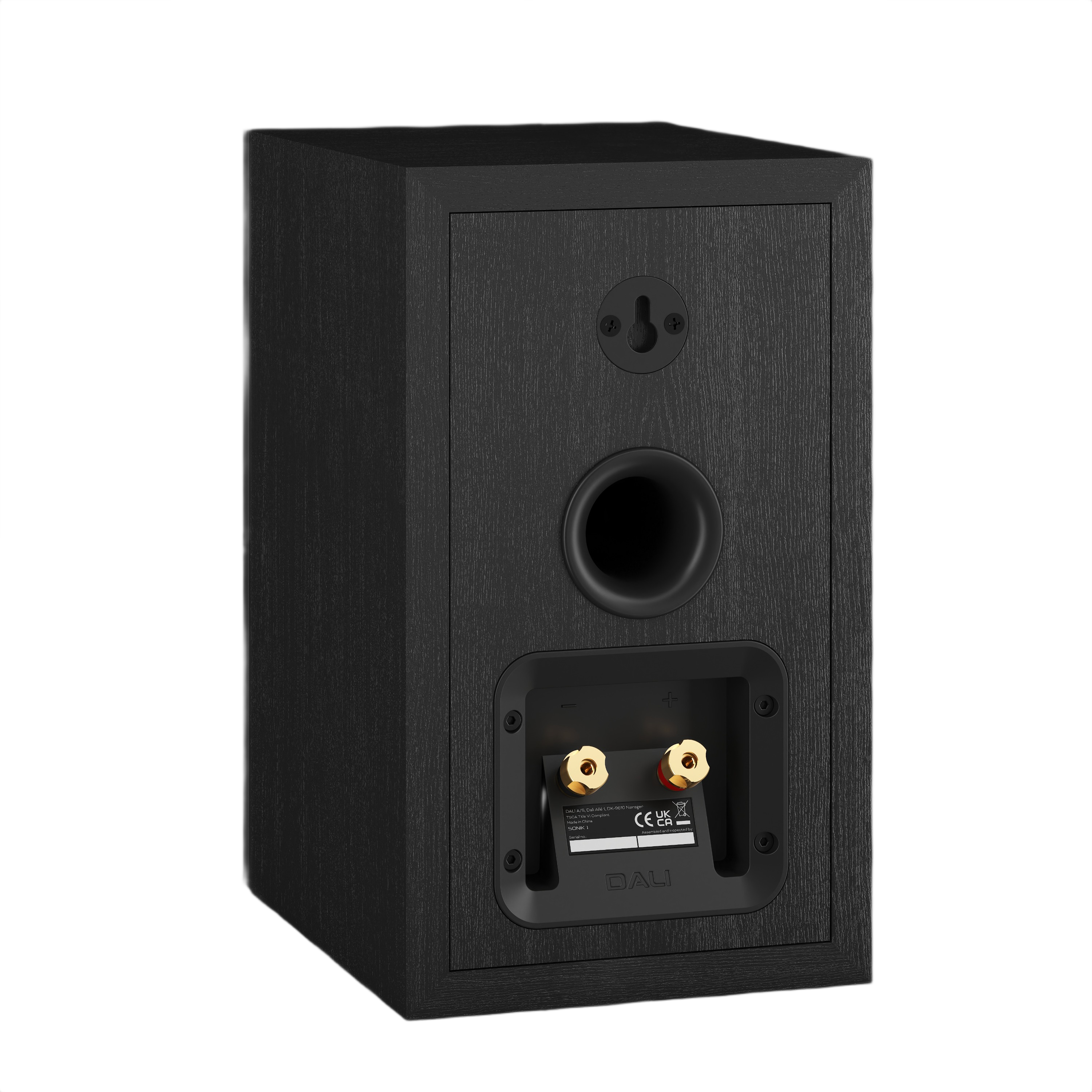 Dali Sonik 1 Ultra-Compact Bookshelf Speaker (Pair) back view with connection ports, highlighting compact design.