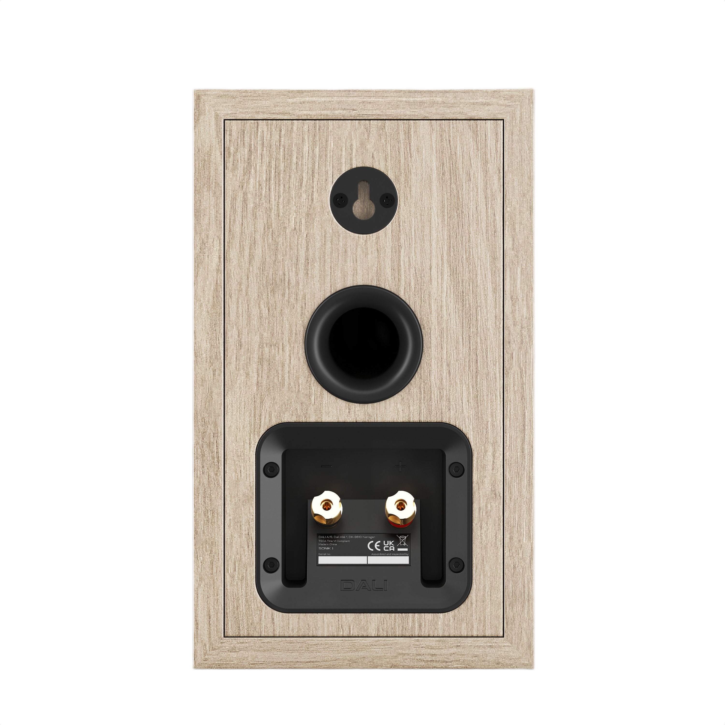 Back view of Dali Sonik 1 Ultra-Compact Bookshelf Speaker (Pair) showcasing speaker terminals and port.