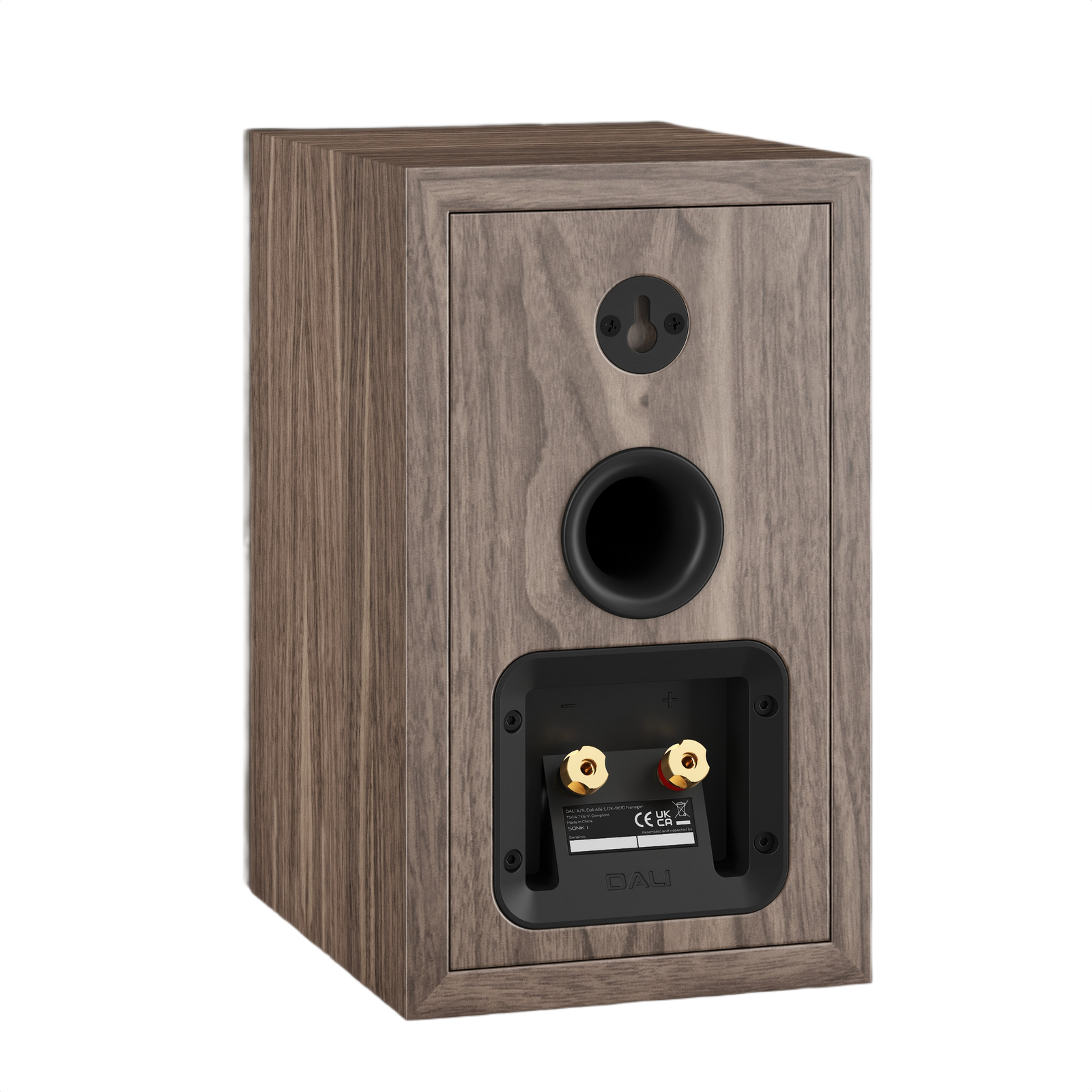 Dali Sonik 1 Ultra-Compact Bookshelf Speaker (Pair) in walnut finish showcasing rear speaker connections and design.