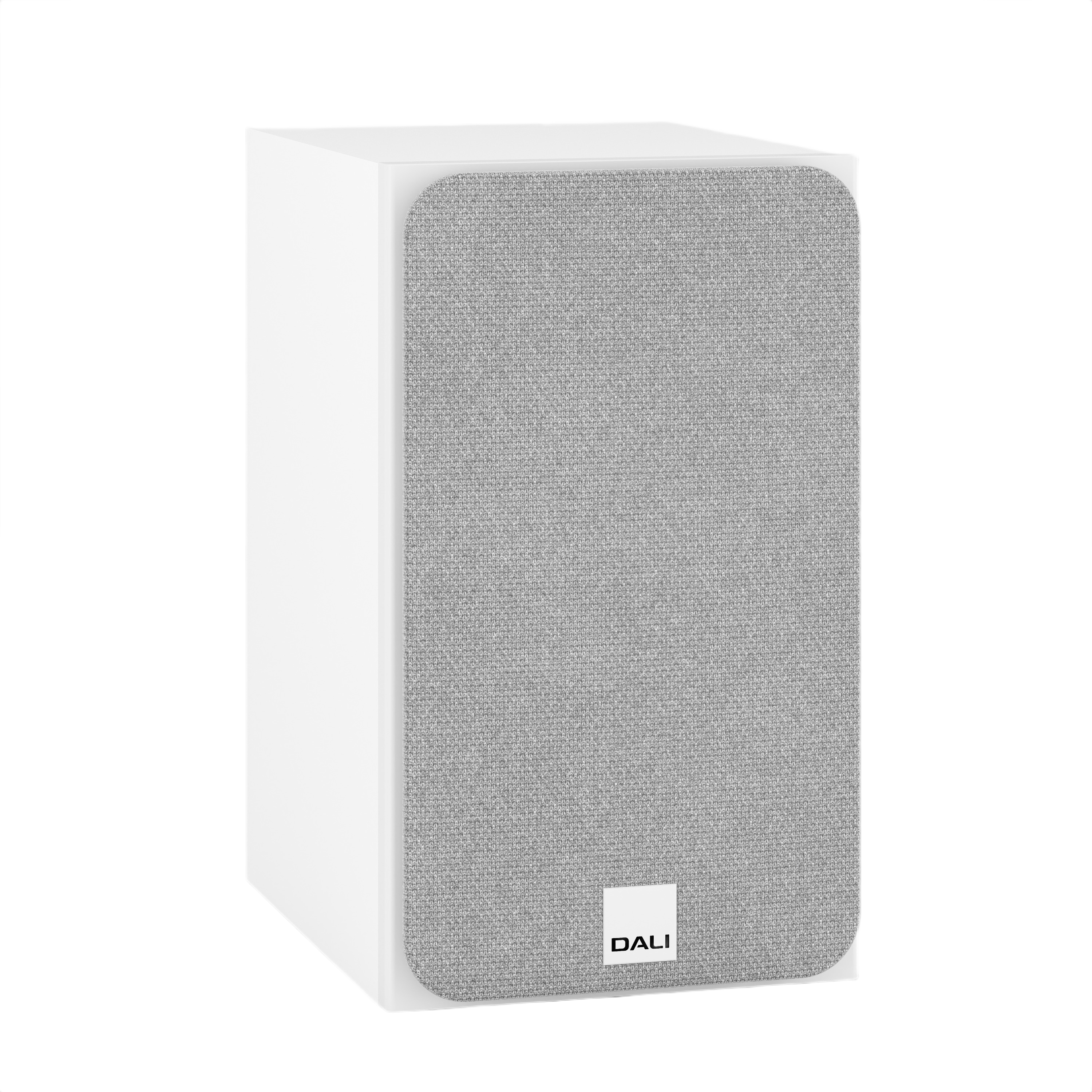 Dali Sonik 1 Ultra-Compact Bookshelf Speaker (Pair) in white with gray fabric grille, showcasing its small and stylish design.
