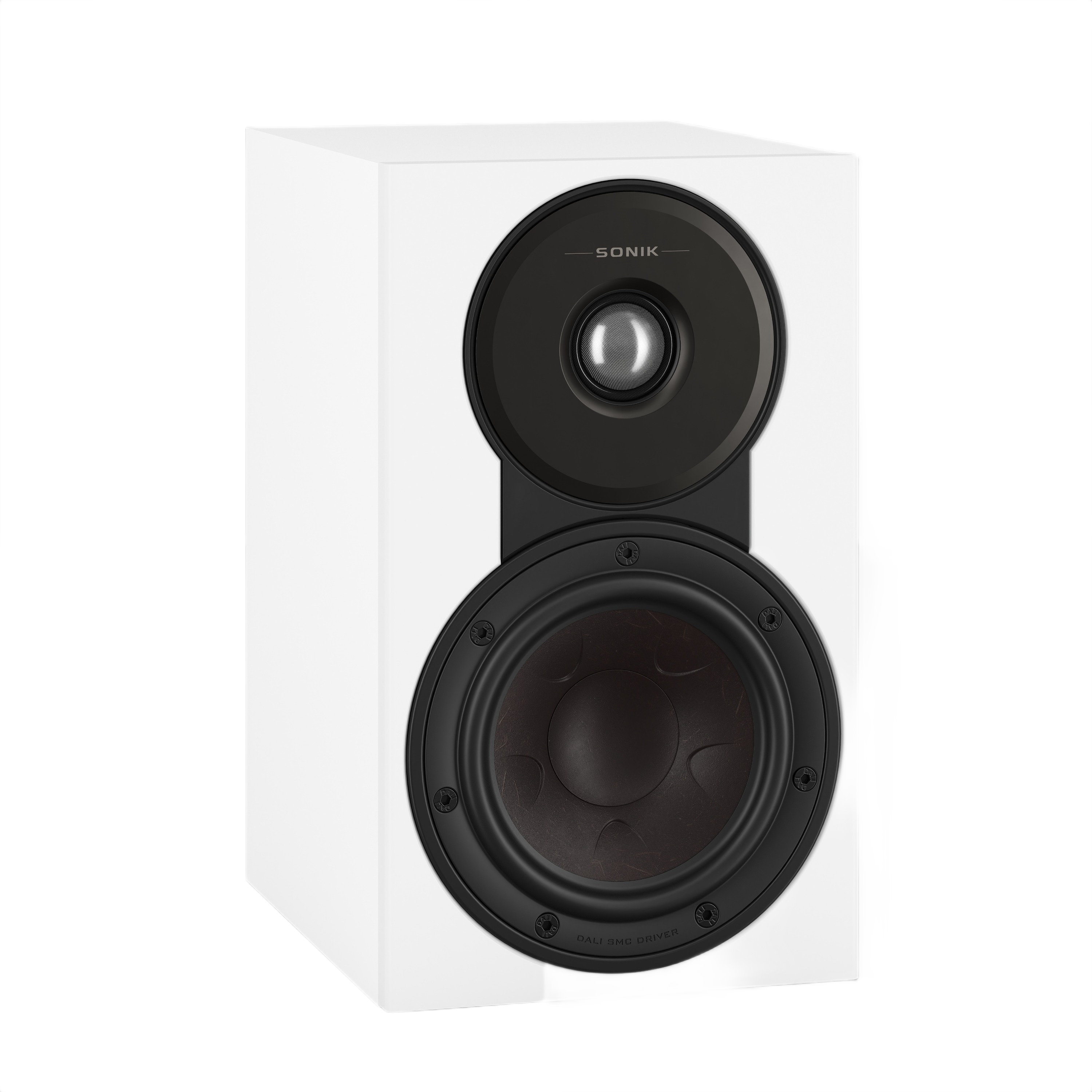 Dali Sonik 1 Ultra-Compact Bookshelf Speaker (Pair) showcasing ultra-light tweeter and wood fibre woofer design.
