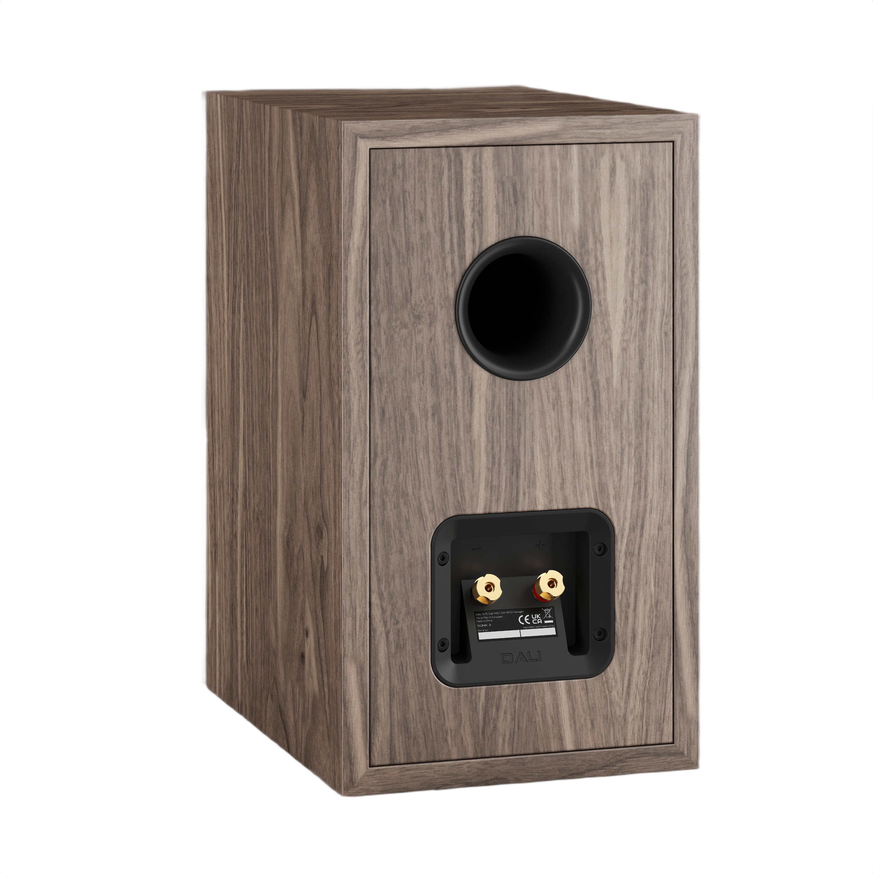 Dali Sonik 3 Compact Bookshelf Speaker (Pair) in wood finish, showcasing back panel with ports.