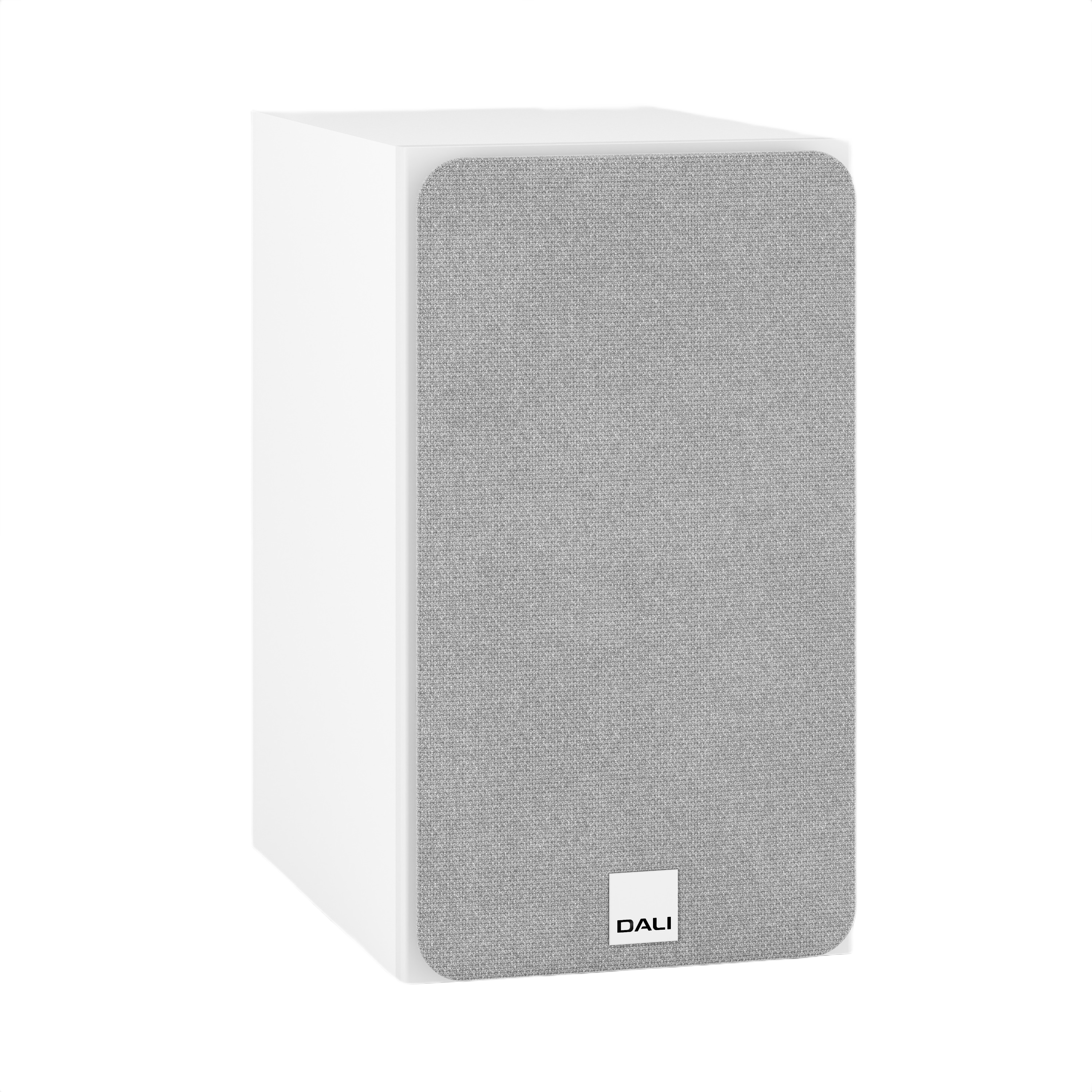 Dali Sonik 3 Compact Bookshelf Speaker (Pair) in sleek white design with grey fabric front.