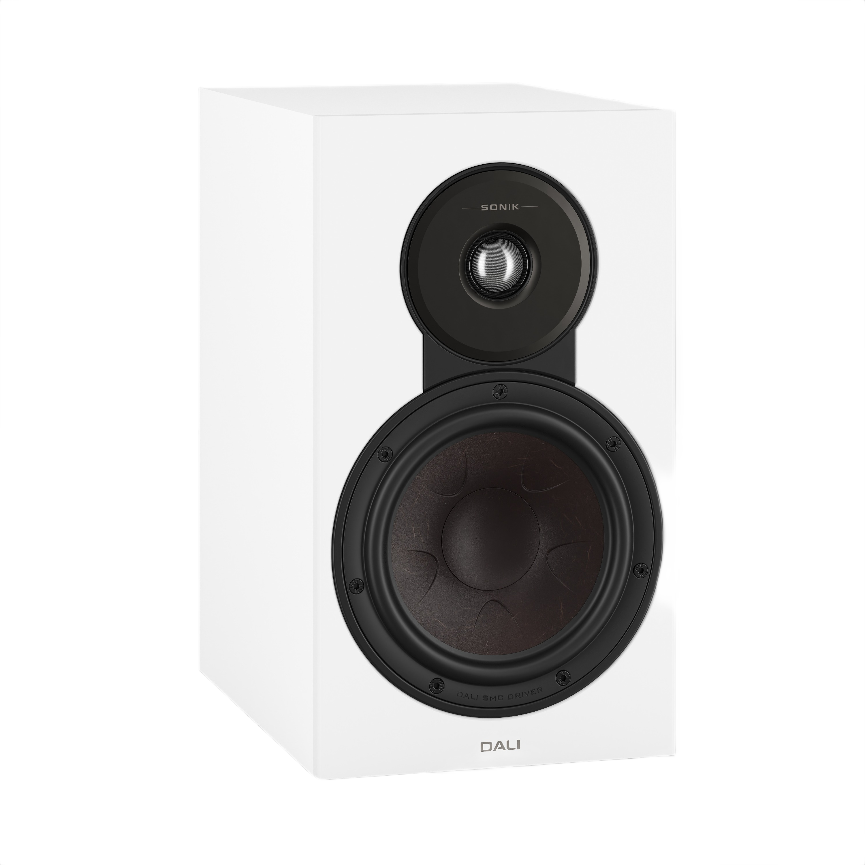 Dali Sonik 3 Compact Bookshelf Speaker (Pair) in sleek white design showcasing its woofer and tweeter features.