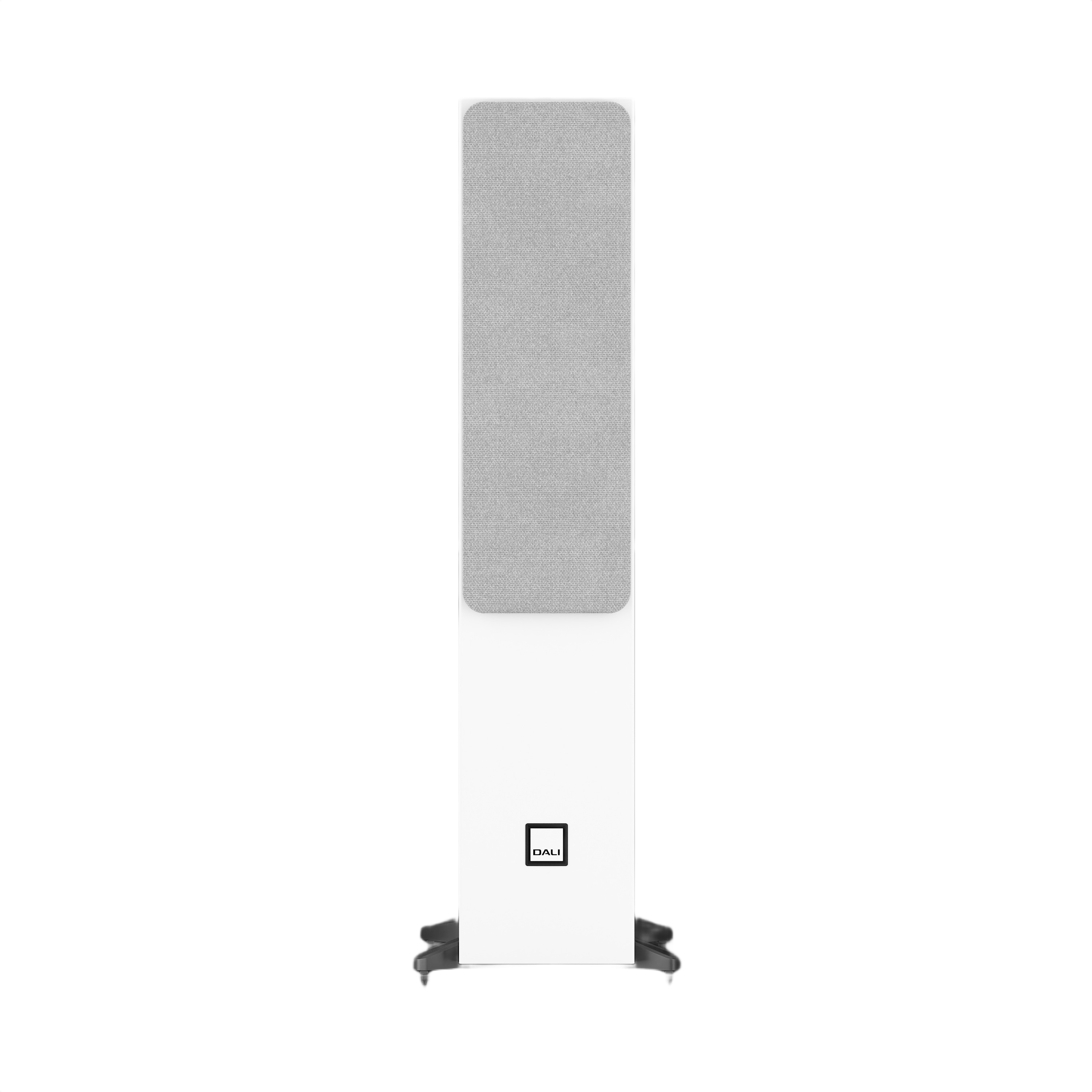 Dali Sonik 5 Slim Floorstanding Loudspeaker (Pair) in white with gray speaker grille, showcasing compact and elegant design.
