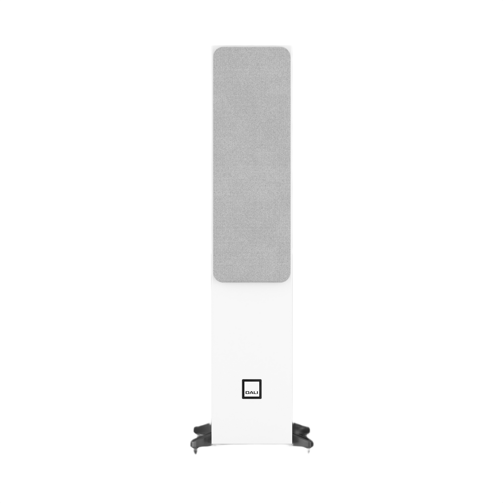 Dali Sonik 5 Slim Floorstanding Loudspeaker (Pair) in white with gray speaker grille, showcasing compact and elegant design.