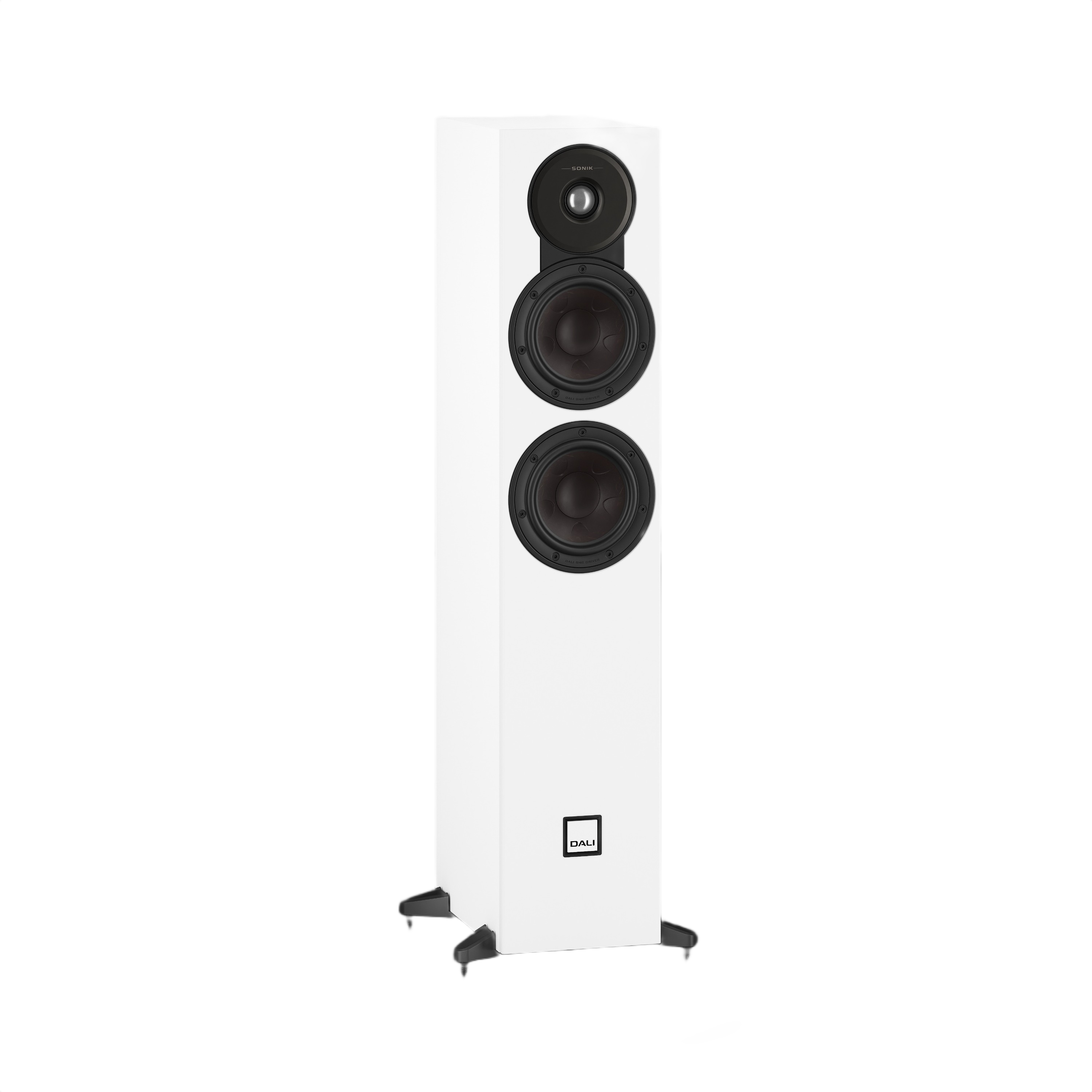 Dali Sonik 5 Slim Floorstanding Loudspeaker (Pair) in white, featuring dual woofers and a tweeter for high-end sound.