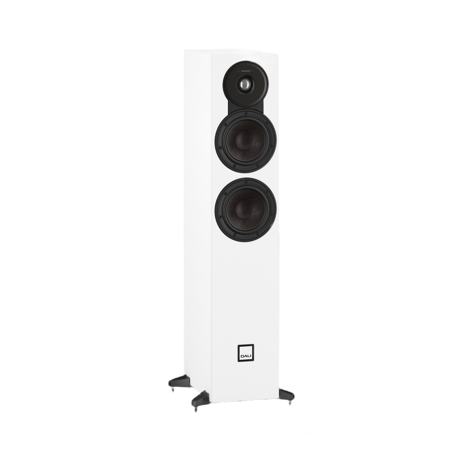 Dali Sonik 5 Slim Floorstanding Loudspeaker (Pair) in white, featuring dual woofers and a tweeter for high-end sound.