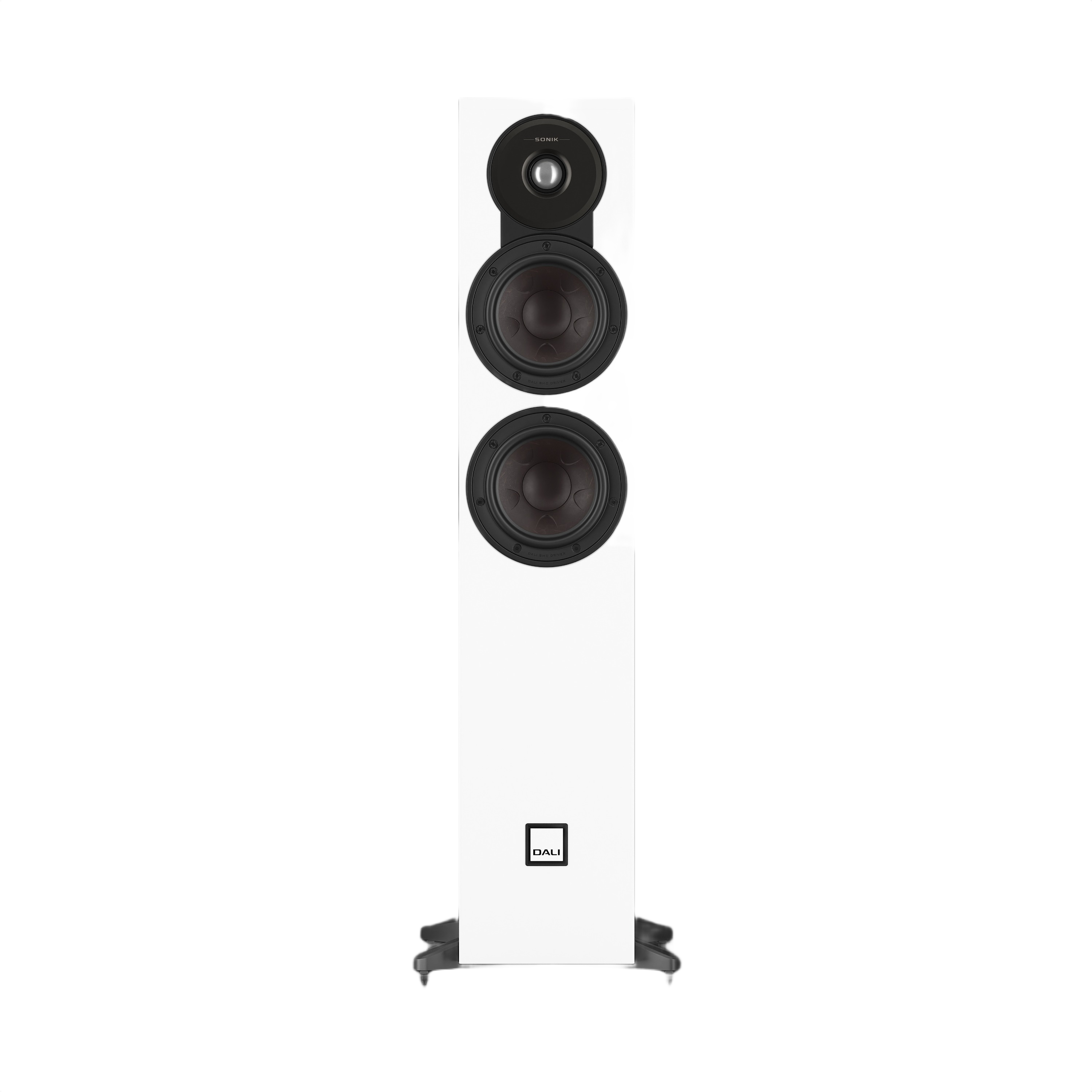Dali Sonik 5 Slim Floorstanding Loudspeaker (Pair) in white, featuring dual woofers and a tweeter for high-end sound.