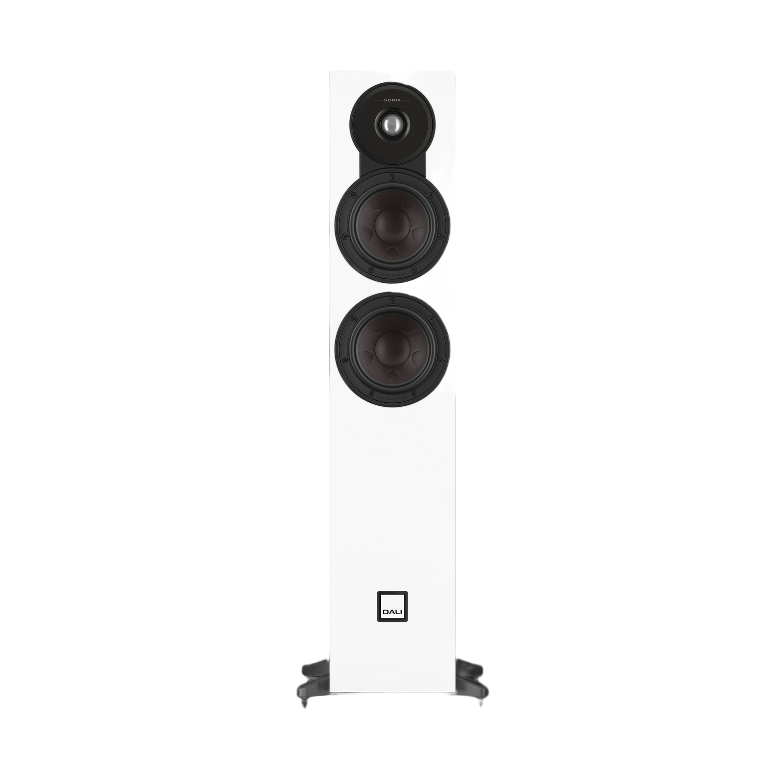 Dali Sonik 5 Slim Floorstanding Loudspeaker (Pair) in white, featuring dual woofers and a tweeter for high-end sound.