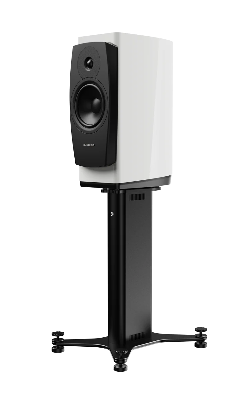 Dynaudio Confidence 20A Active Reference Stand-mount Bookshelf Monitor Speaker (Pair) on a black stand.