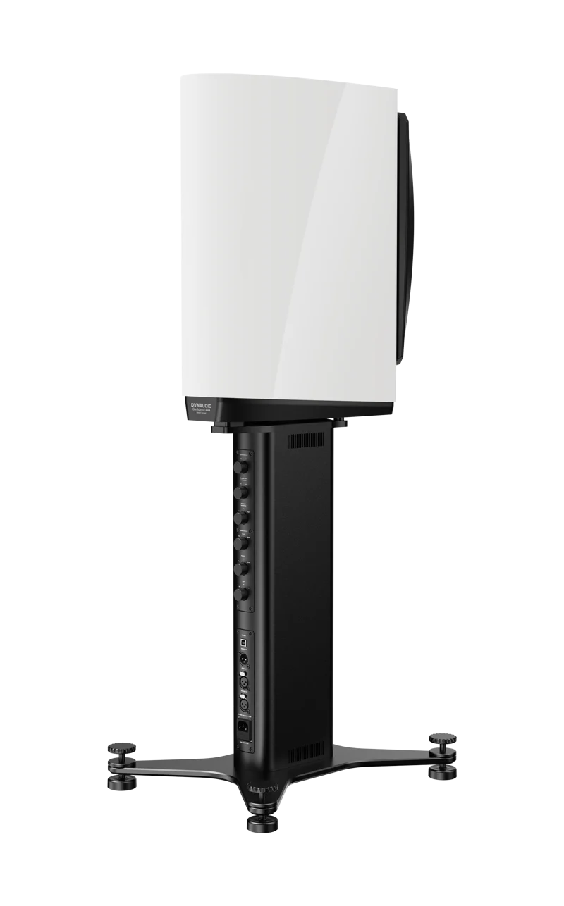 Dynaudio Confidence 20A Active Reference Stand-mount Bookshelf Monitor Speaker (Pair) side view on stand.