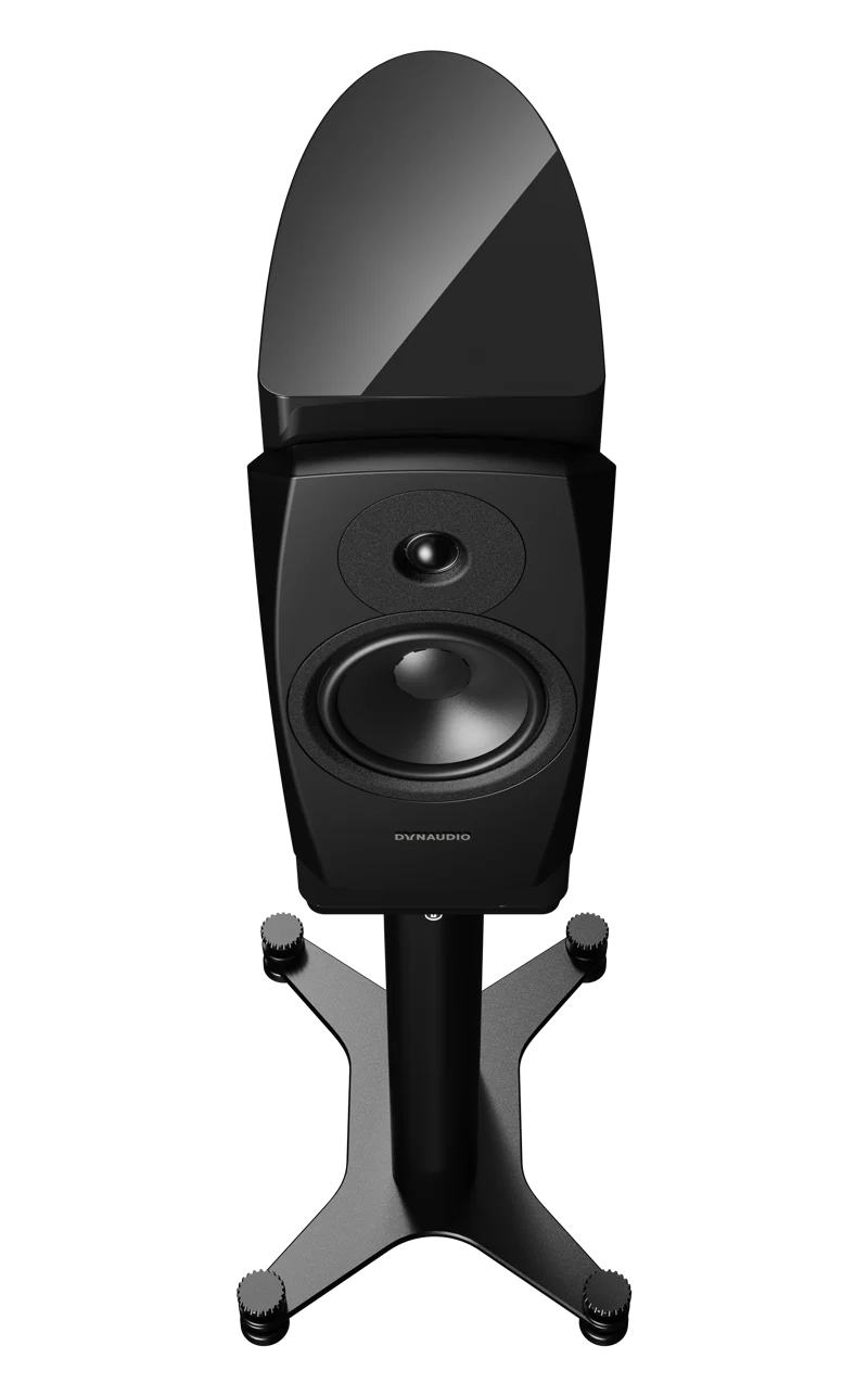 Dynaudio Confidence 20A Active Reference Stand-mount Bookshelf Monitor Speaker (Pair) on sleek black stand.