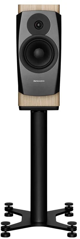 Dynaudio Confidence 20 Bookshelf Speaker (Pair) on sleek black stand, showcasing its compact design and premium finish.