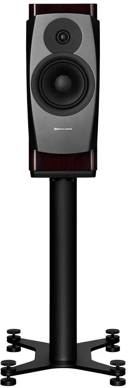Dynaudio Confidence 20 Bookshelf Speaker (Pair) on a black stand, showcasing sleek design and premium audio quality.