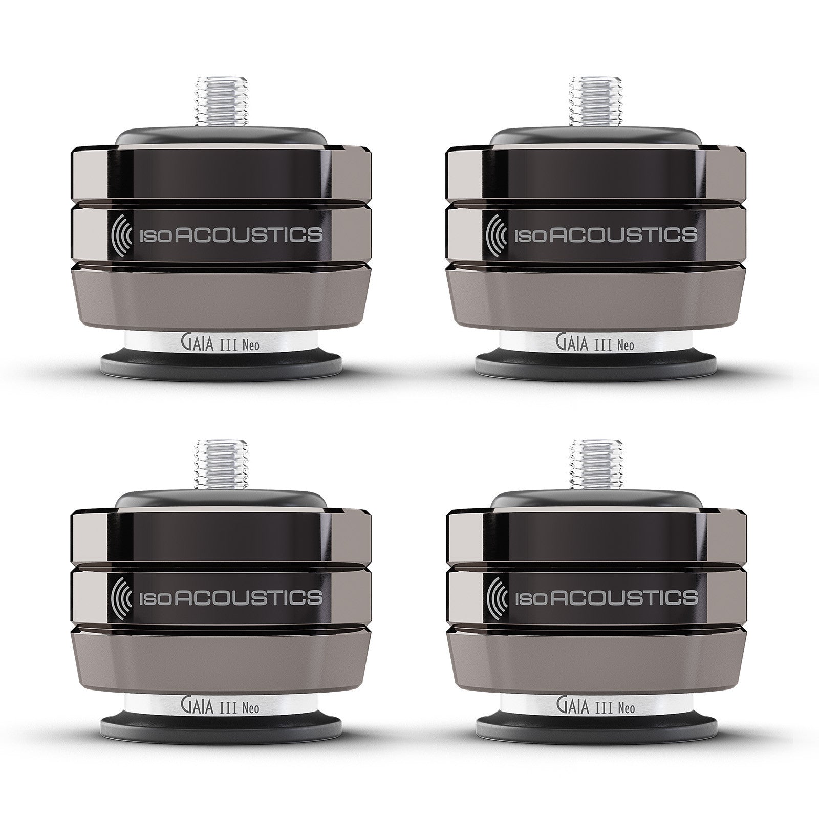 Isoacoustics Gaia III Neo Isolation Feet (4 Pack) in black and silver, designed for audio isolation and performance.