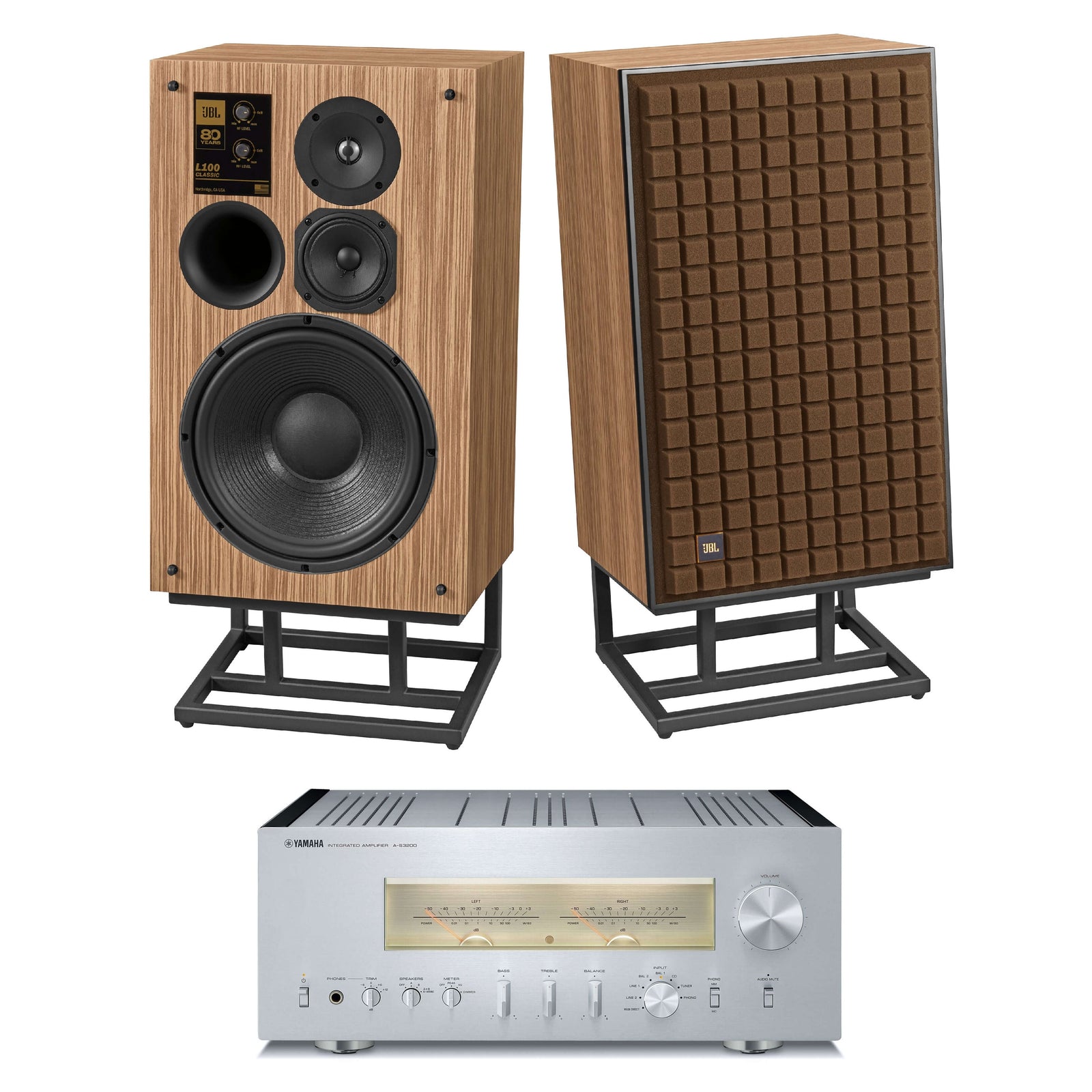 JBL L100 Classic 80 3-Way 80th Anniversary Loudspeaker Pair and Yamaha A-S3200 Integrated Amp Bundle