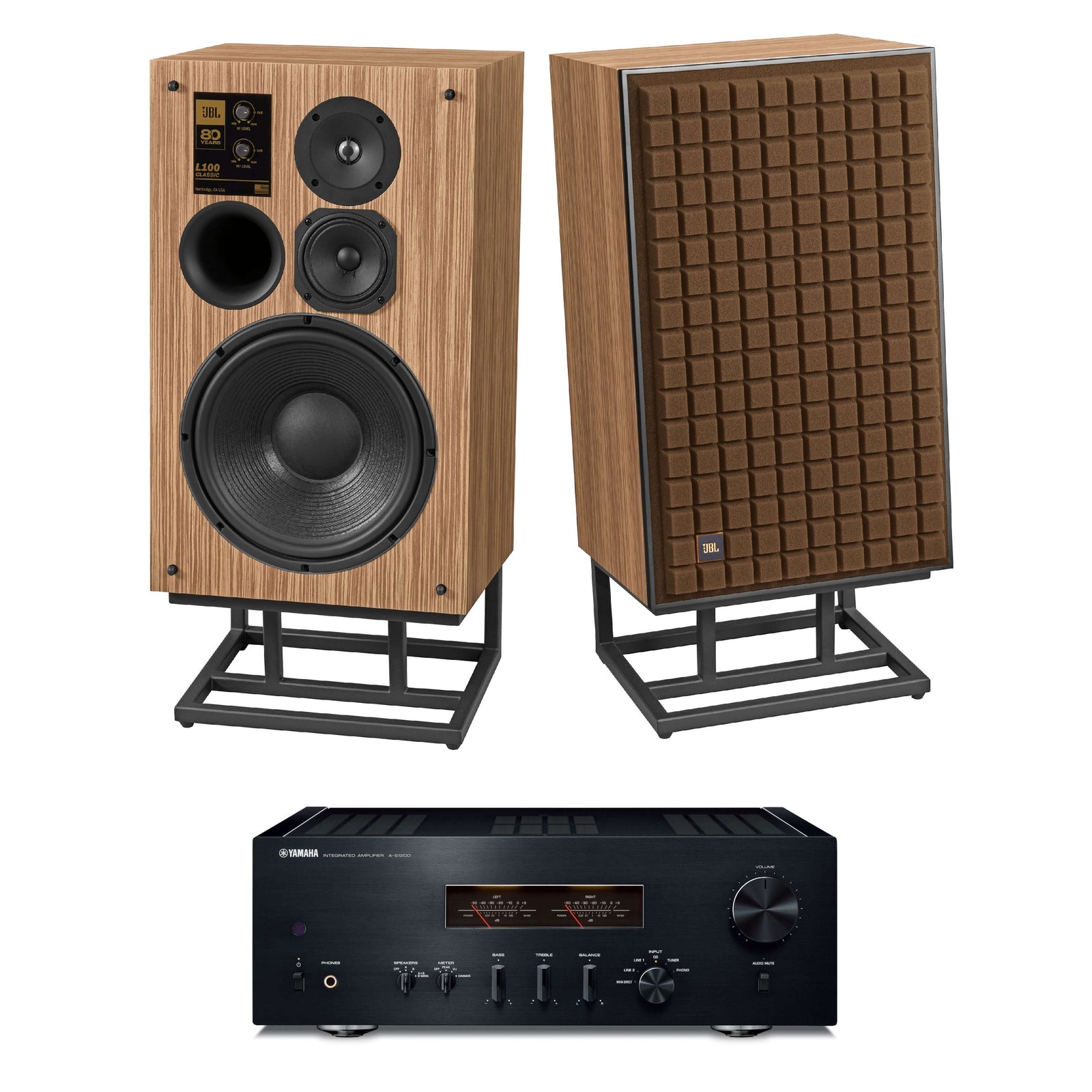 JBL L100 Classic 80 3-Way 80th Anniversary Loudspeaker Pair and Yamaha A-S1200 Integrated Amp Bundle