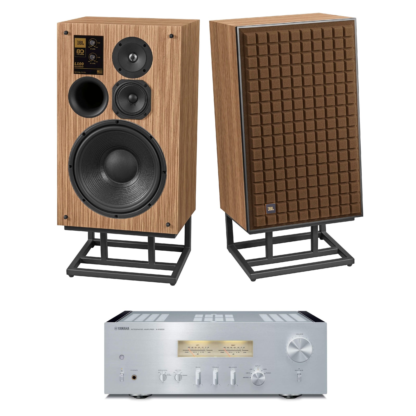 JBL L100 Classic 80 3-Way 80th Anniversary Loudspeaker Pair and Yamaha A-S1200 Integrated Amp Bundle