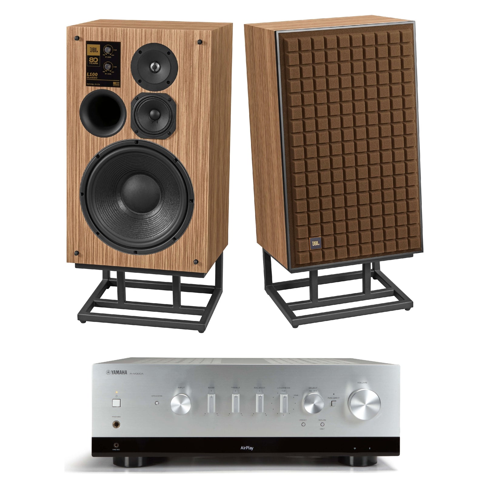 JBL L100 Classic 80 3-Way 80th Anniversary Loudspeaker Pair and Yamaha R-N1000A Stereo Receiver Bundle