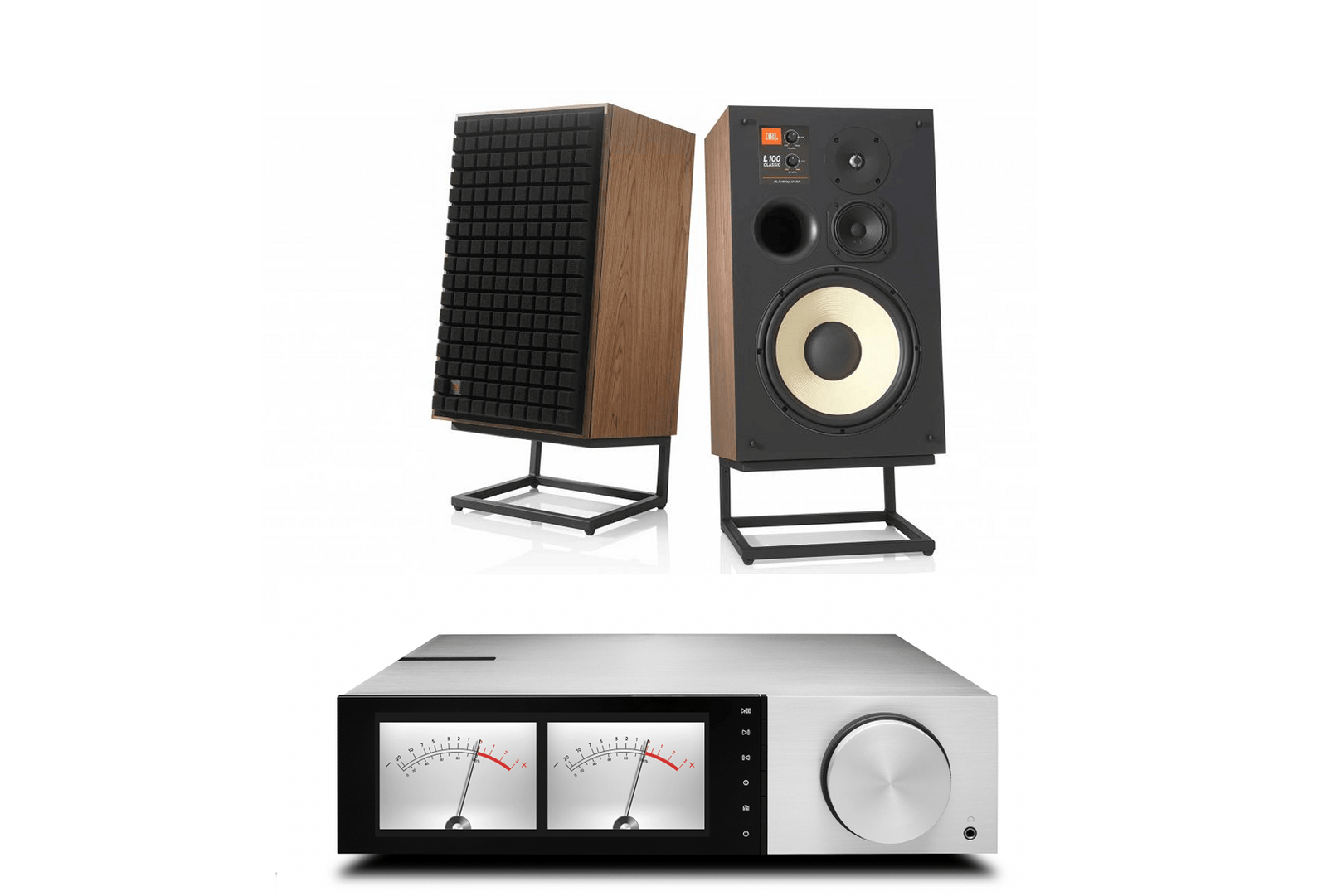 JBL L100 Classic 12 Inch 3-way Bookshelf Loudspeaker Pair with Cambridge Audio Evo 150 Delorean Edition Integrated Amplifier Bundle - Safe and Sound HQ