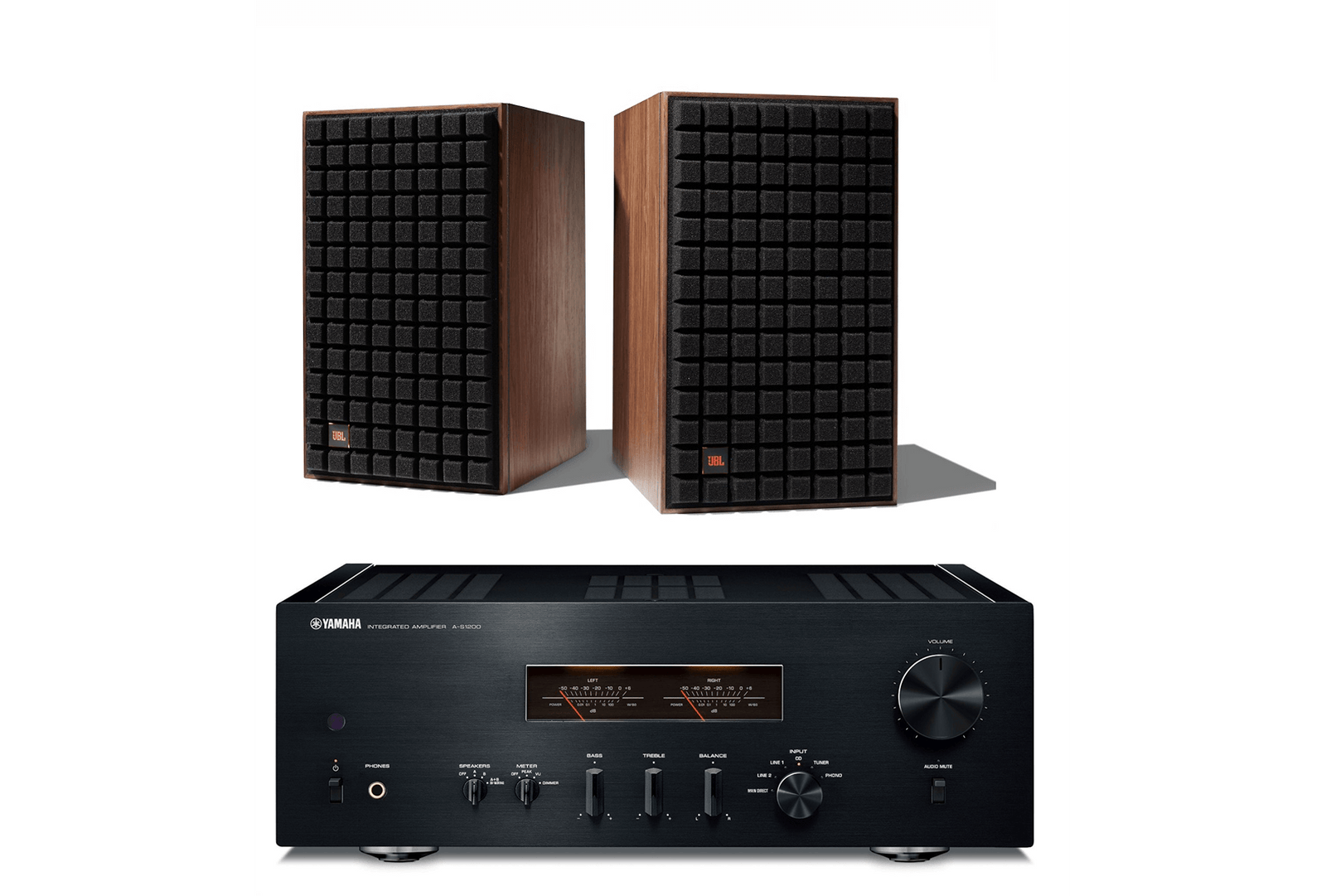 JBL L82 Classic 8 Inch 2-way Bookshelf Loudspeaker Pair with Yamaha A-S1200 Integrated Amplifier Bundle - Safe and Sound HQ