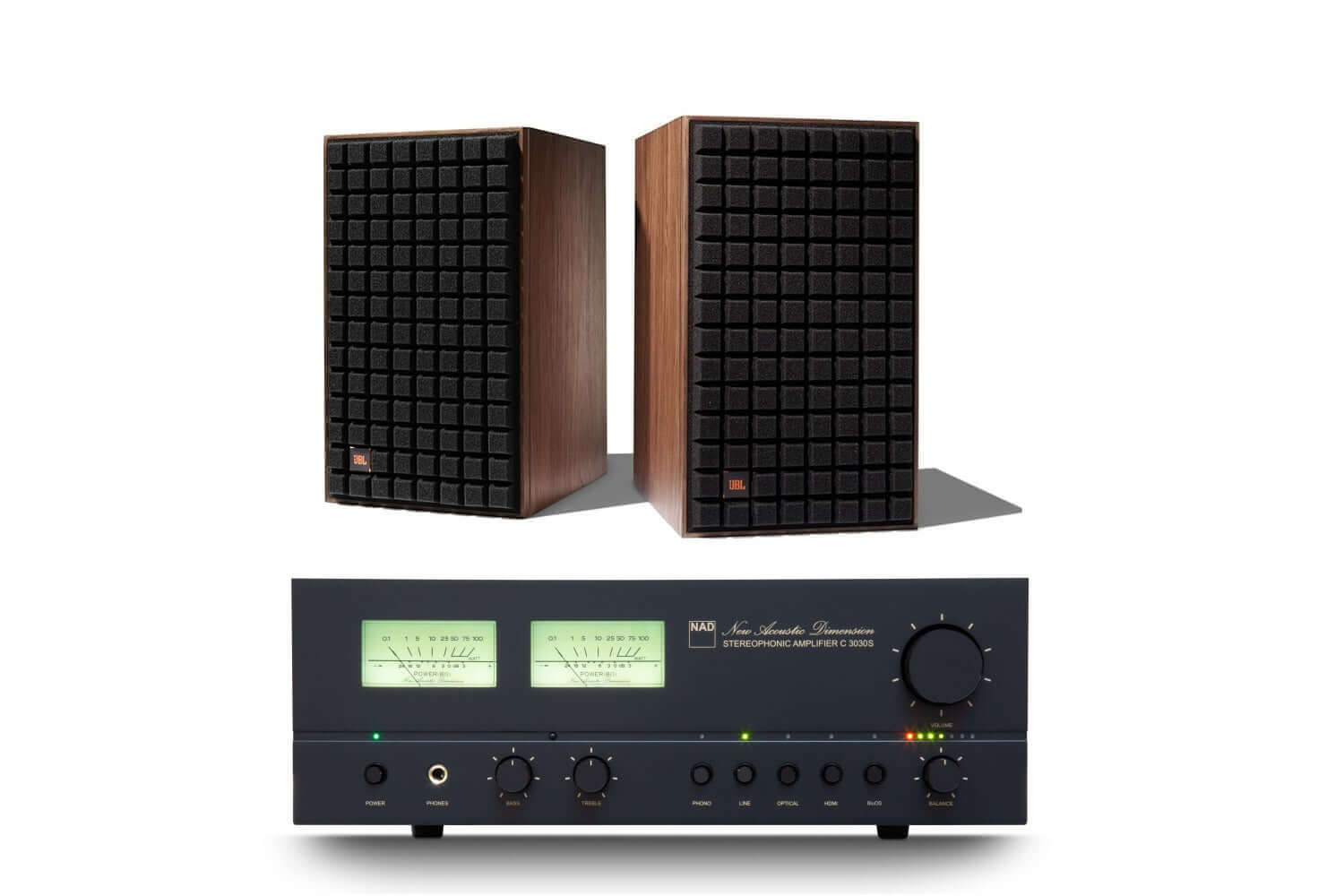 JBL L82 Classic 8 Inch 2-way Bookshelf Loudspeaker Pair with NAD C 3030S BluOS Integrated Amplifier Bundle - Safe and Sound HQ