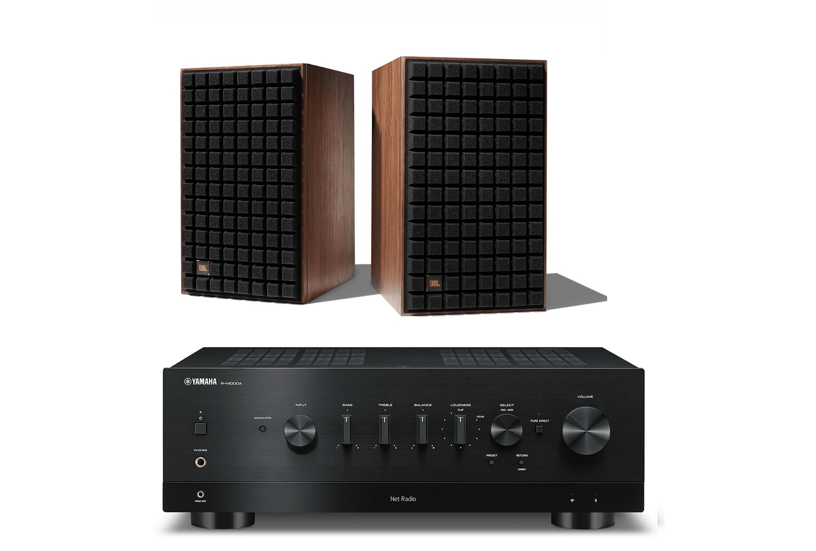 JBL L82 Classic 8 Inch 2-way Bookshelf Loudspeaker Pair with Yamaha R-N1000A Stereo Network A/V Receiver Bundle - Safe and Sound HQ