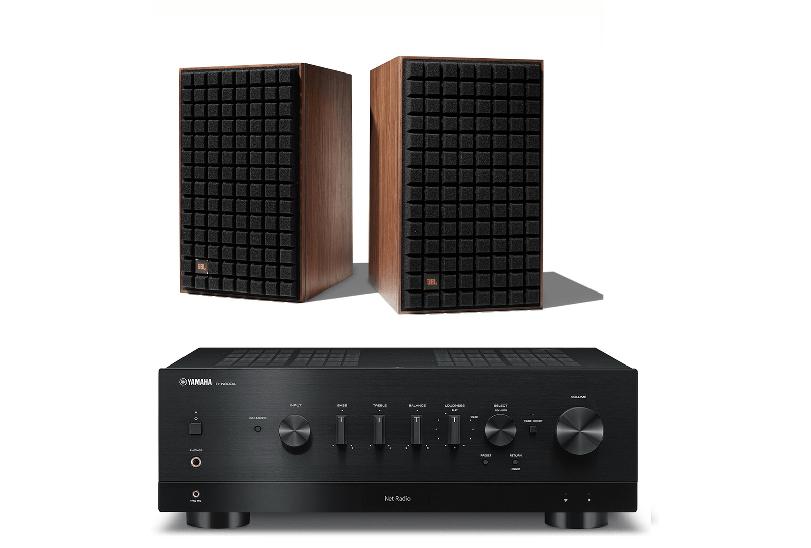 JBL L82 Classic 8 Inch 2-way Bookshelf Loudspeaker Pair with Yamaha R-N800A Stereo Network A/V Receiver Bundle - Safe and Sound HQ