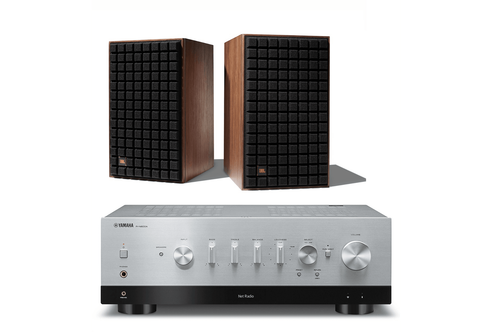 JBL L82 Classic 8 Inch 2-way Bookshelf Loudspeaker Pair with Yamaha R-N800A Stereo Network A/V Receiver Bundle - Safe and Sound HQ