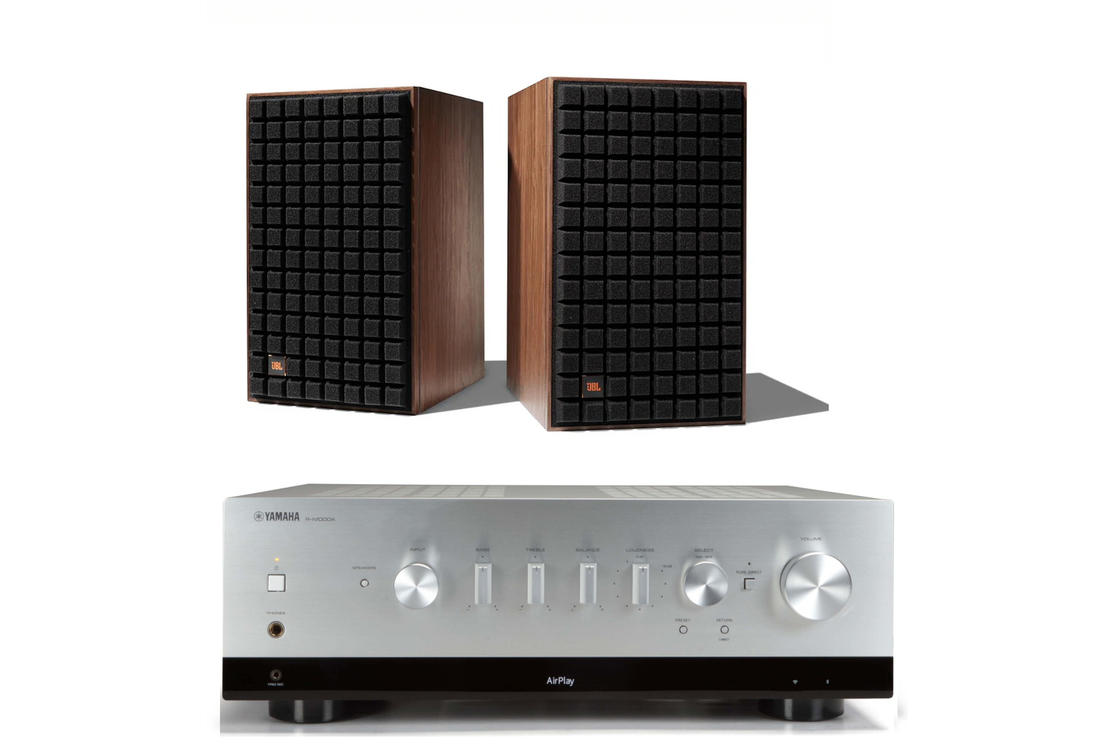 JBL L82 Classic 8 Inch 2-way Bookshelf Loudspeaker Pair with Yamaha R-N1000A Stereo Network A/V Receiver Bundle - Safe and Sound HQ
