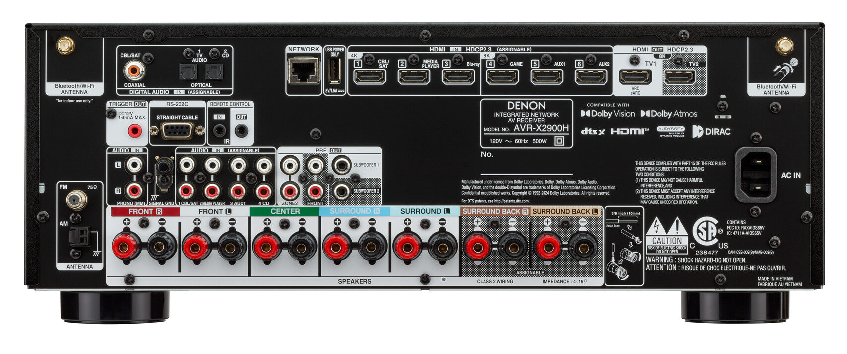Denon AVR-X2900H 7.2 Channel 8K A/V Receiver with HEOS rear panel connectivity options.