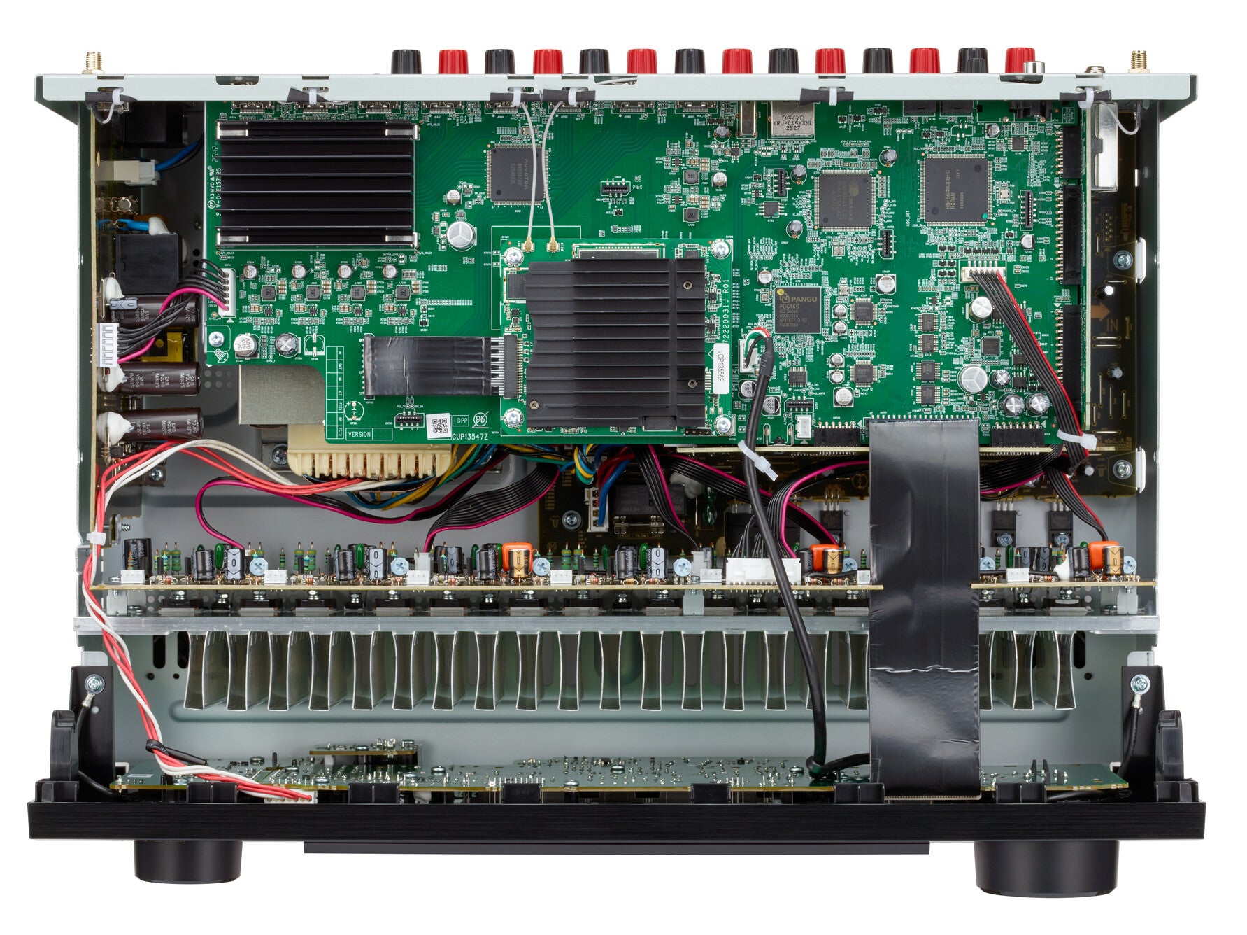 Interior view of the Denon AVR-X2900H 7.2 Channel 8K A/V Receiver with HEOS displaying its circuitry.
