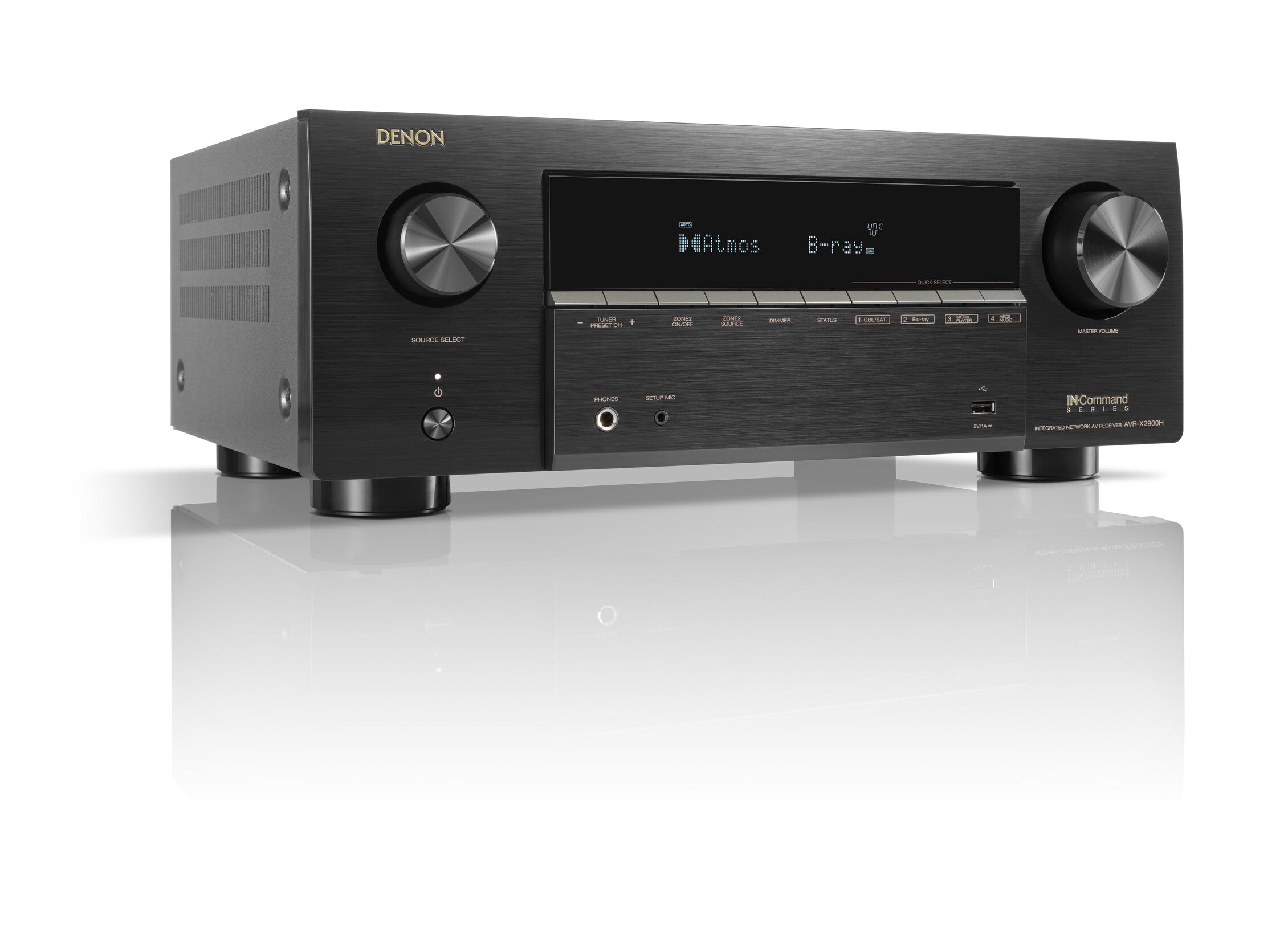 Denon AVR-X2900H 7.2 Channel 8K A/V Receiver with HEOS front view on a reflective surface.